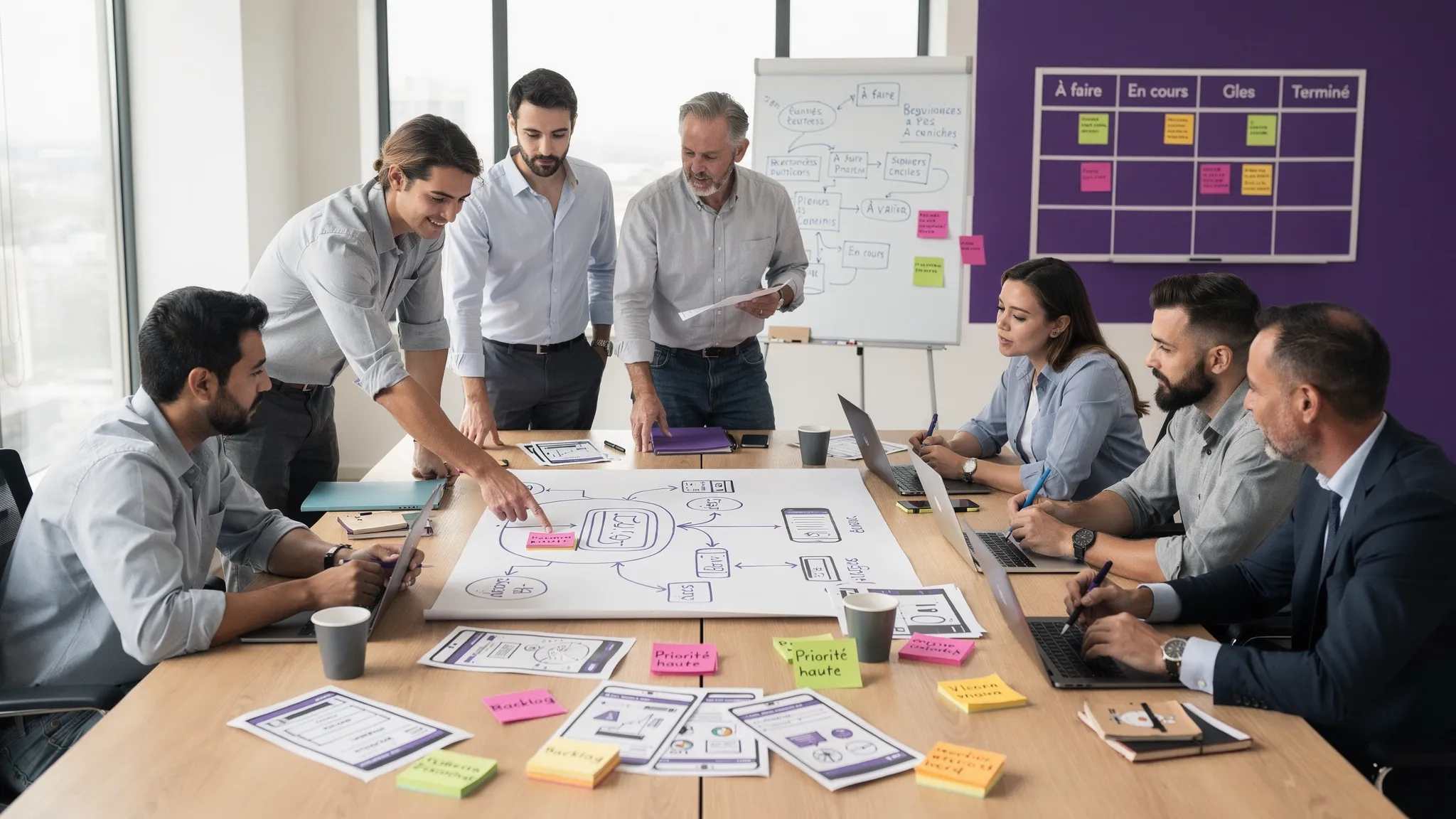 An SME team and developers work around a table with a business process map, paper mockups, data flows, and prioritization notes to prepare a custom software project.