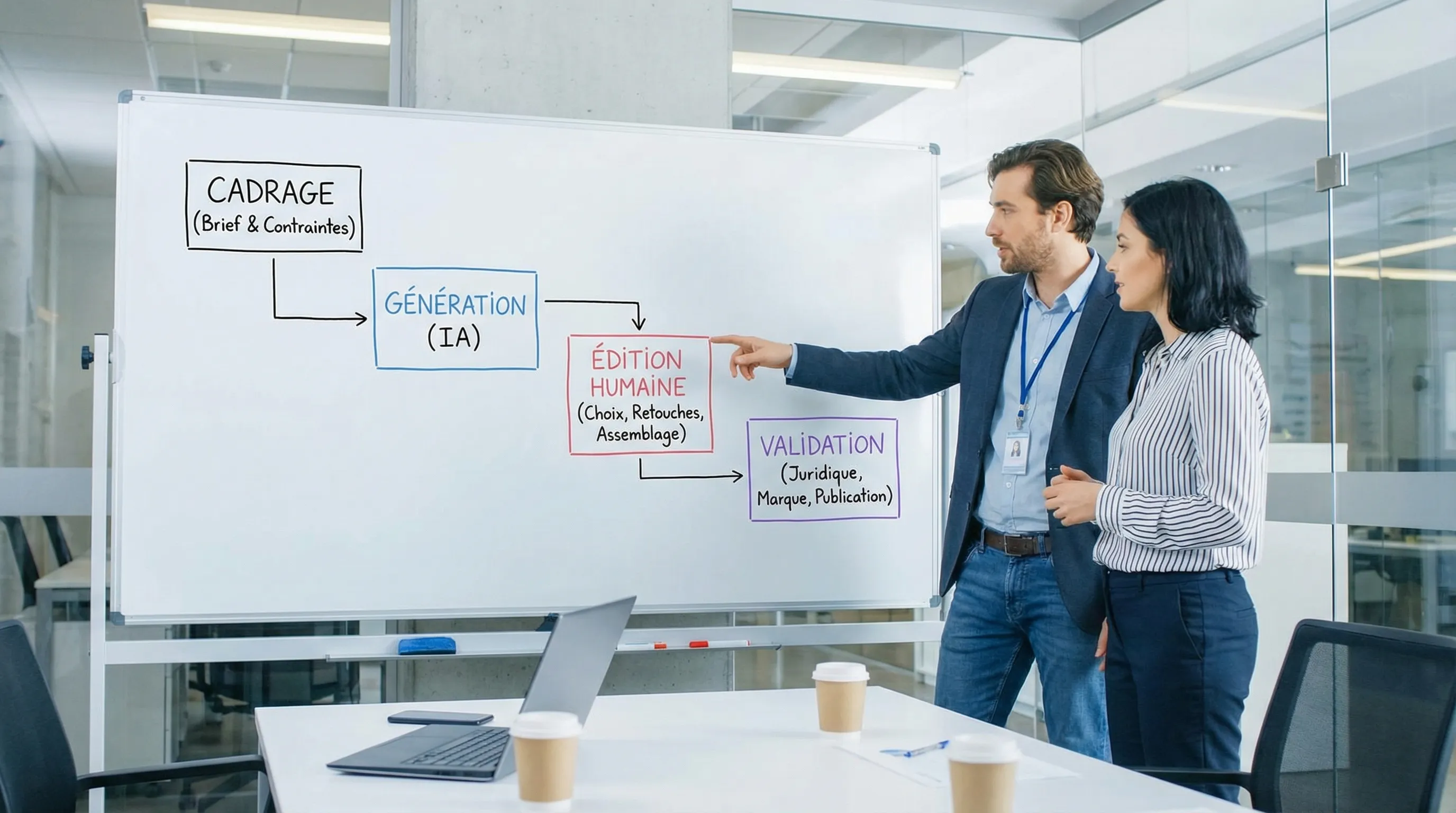 Simple diagram showing an AI-assisted creation workflow in a company, with four blocks connected by arrows: scoping (brief and constraints), generation (AI), human editing (choices, retouching, assembly), validation (legal, brand, publication).