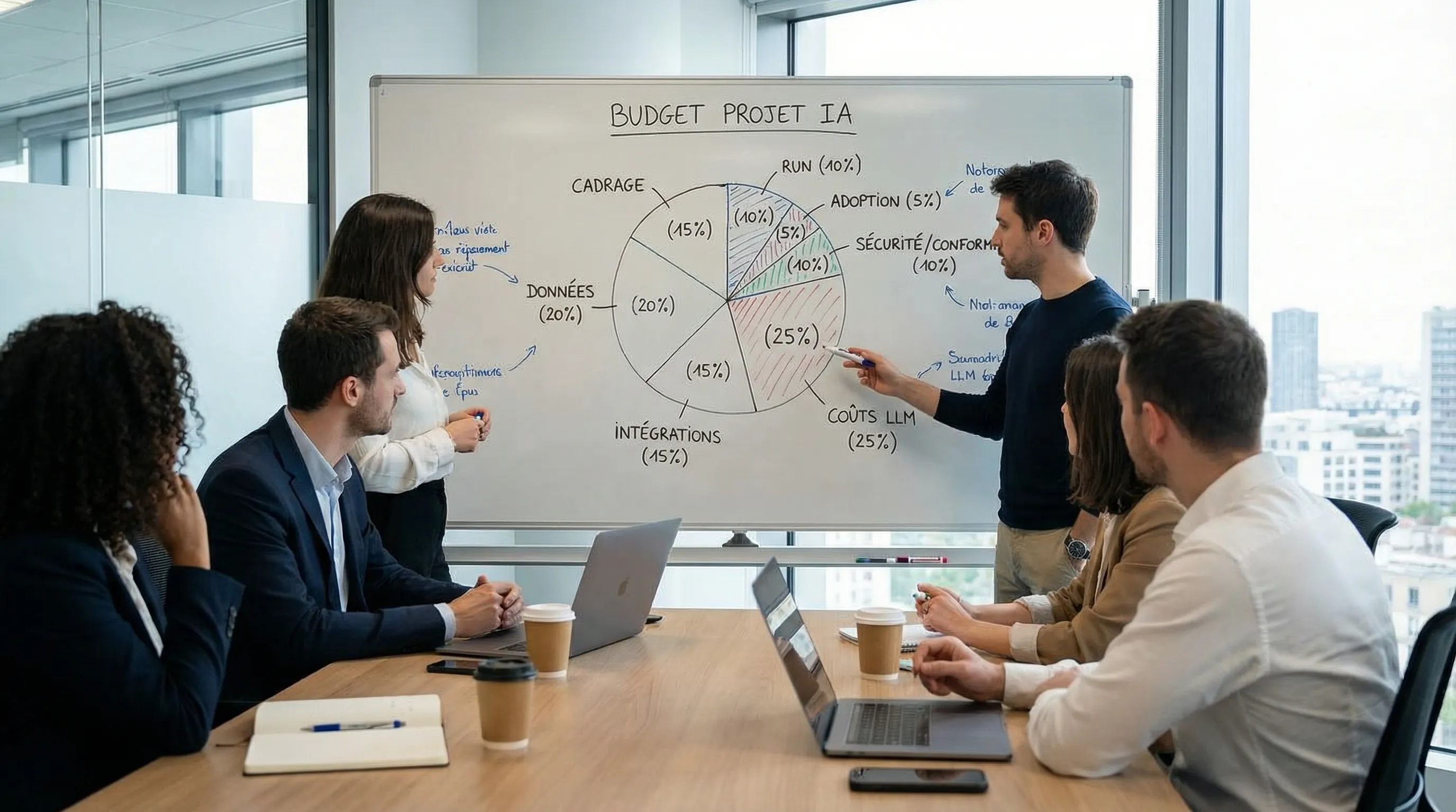 Illustration of an AI project budget divided into main categories: scoping, data, integrations, LLM costs, security/compliance, adoption, and run.