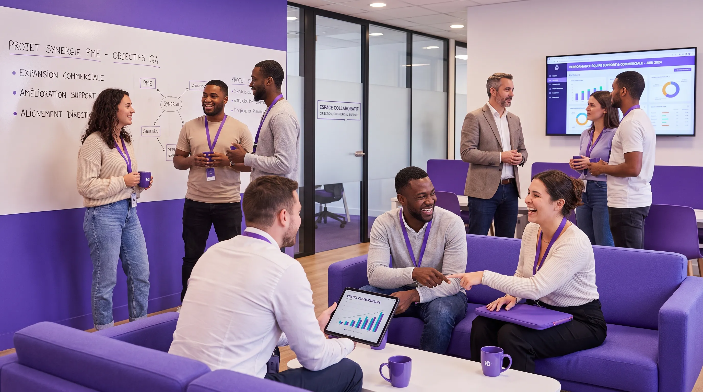 SME employees interacting in a common space, with some project notes visible on the wall and conversations between sales, support, and management teams.