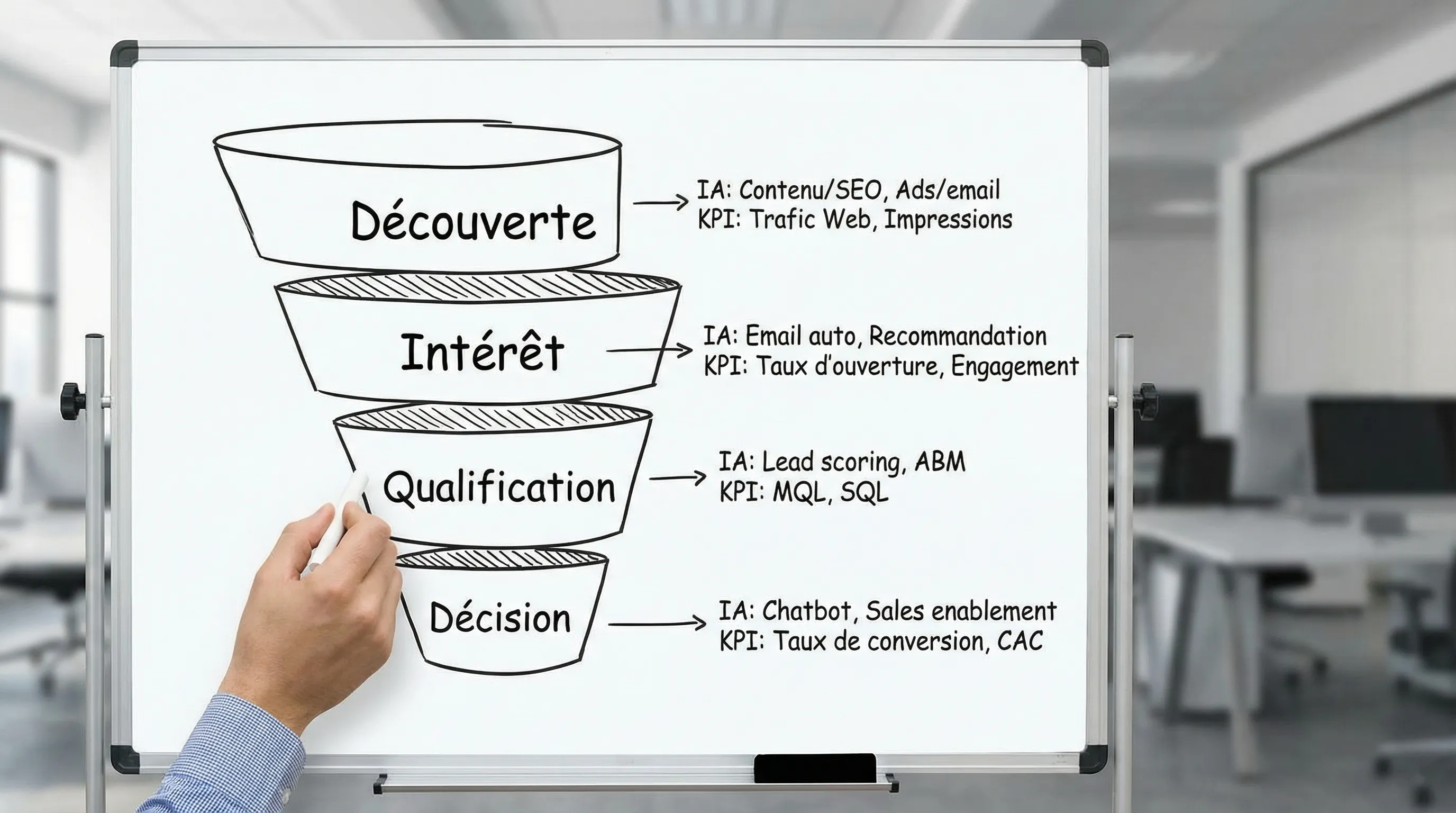 Schéma simple d’un funnel marketing (Découverte, Intérêt, Qualification, Décision) avec, à chaque étape, 2 exemples d’usages IA (contenu/SEO, ads/email, lead scoring/ABM, chatbot/enablement) et les KPI associés.