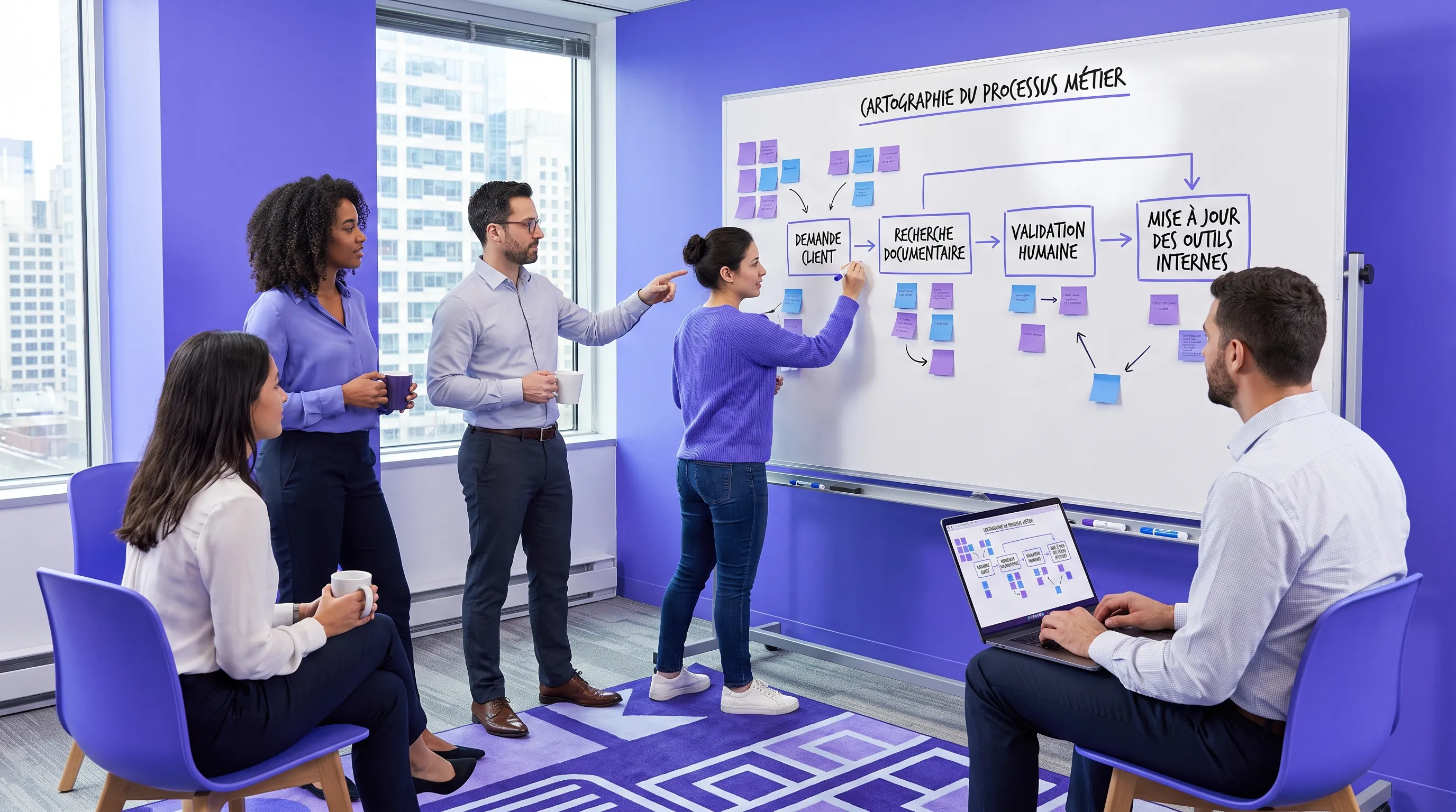 Une équipe cartographie un processus métier sur un tableau, avec des étapes comme demande client, recherche documentaire, validation humaine et mise à jour des outils internes.