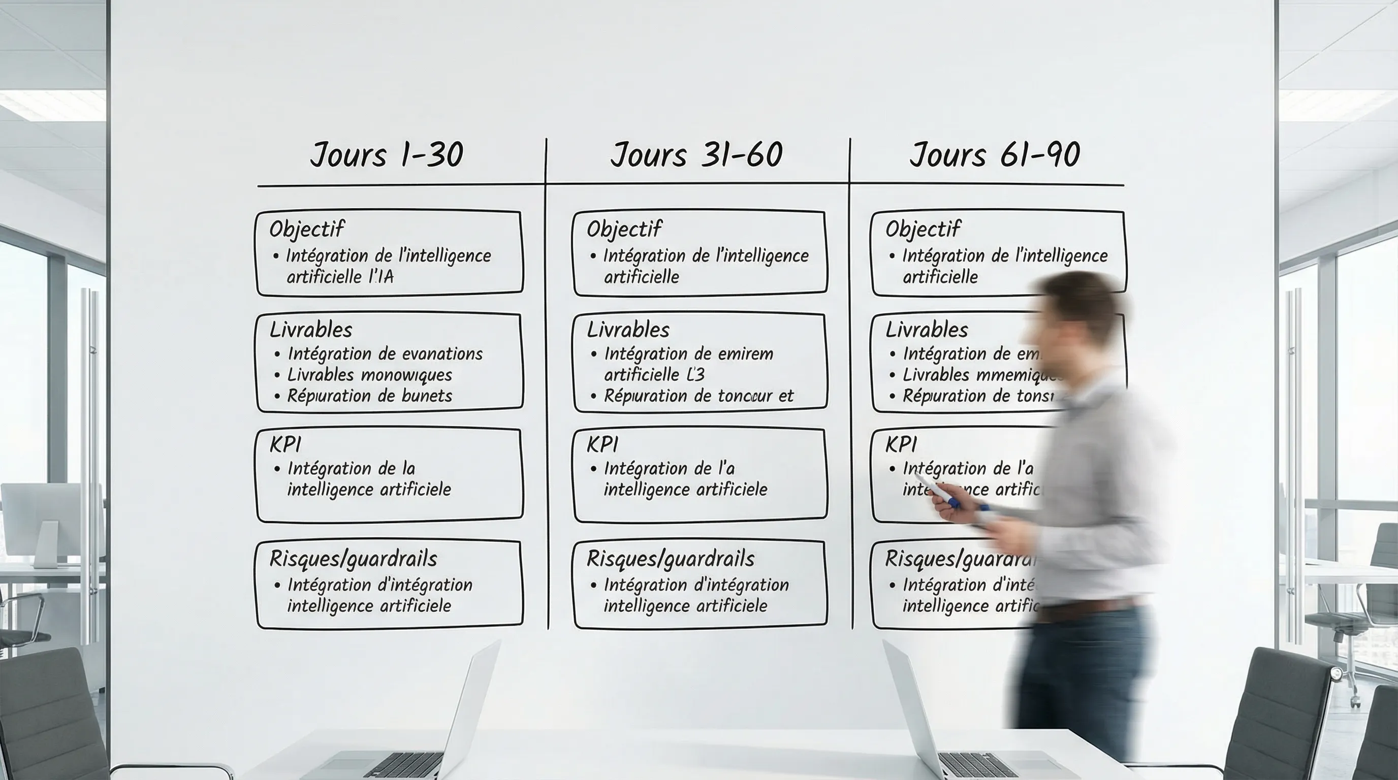 30-60-90 day timeline for an enterprise AI plan, with three columns “Days 1-30”, “Days 31-60”, “Days 61-90”, and for each column blocks for “Objective”, “Deliverables”, “KPI”, “Risks/guardrails”.