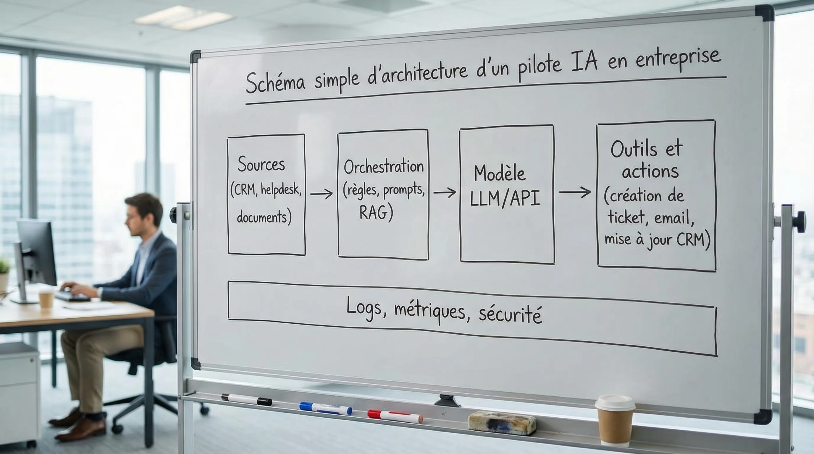 Simple architecture diagram of an enterprise AI pilot with 4 blocks: “Sources (CRM, helpdesk, documents)”, “Orchestration (rules, prompts, RAG)”, “LLM Model/API”, “Tools and actions (ticket creation, email, CRM update)”, with a transversal layer “Logs, metrics, security”.