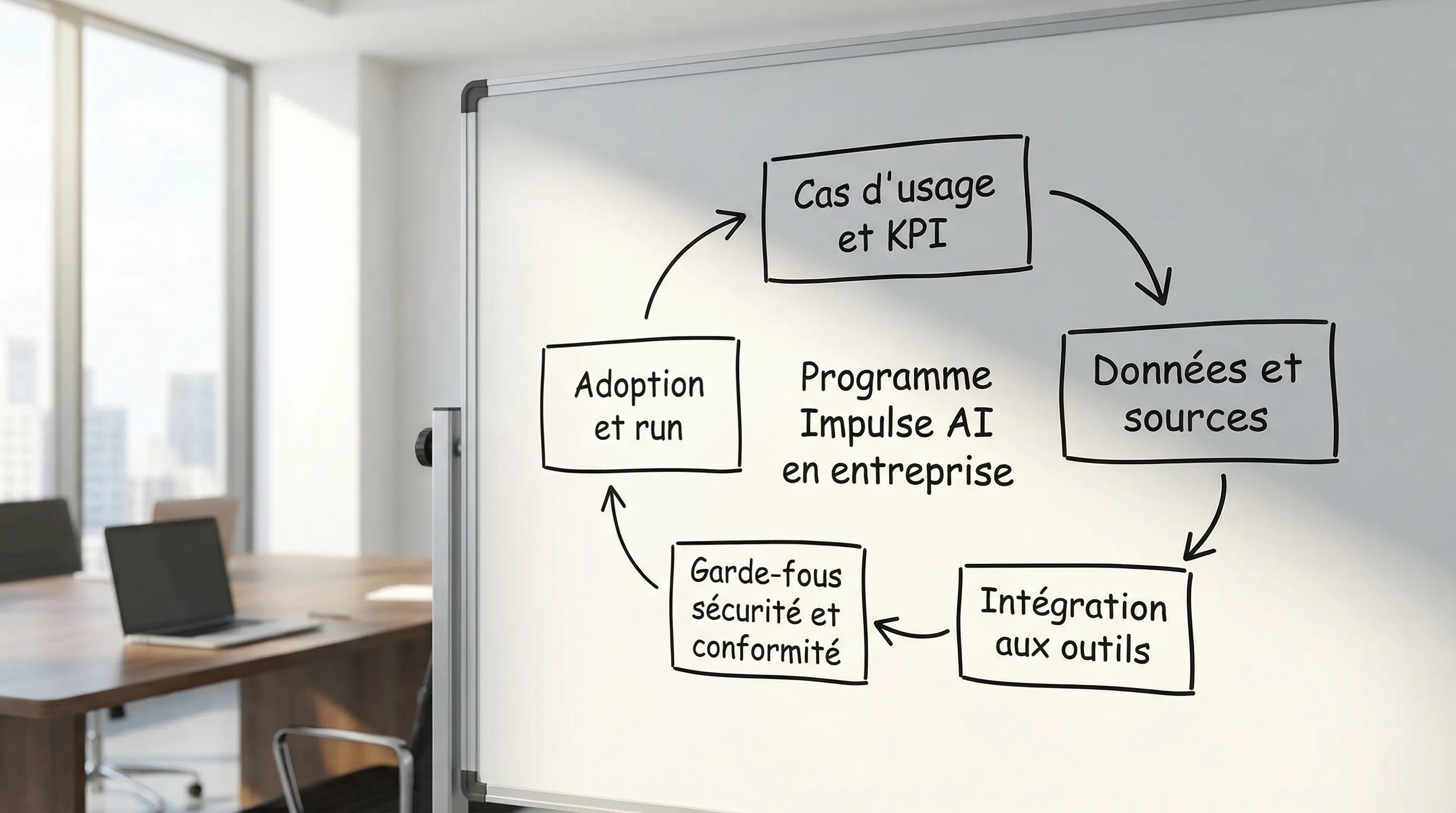 Simple diagram of an Impulse AI program in a company, with 5 blocks connected in a loop: use cases and KPIs, data and sources, tool integration, security and compliance guardrails, adoption and run.