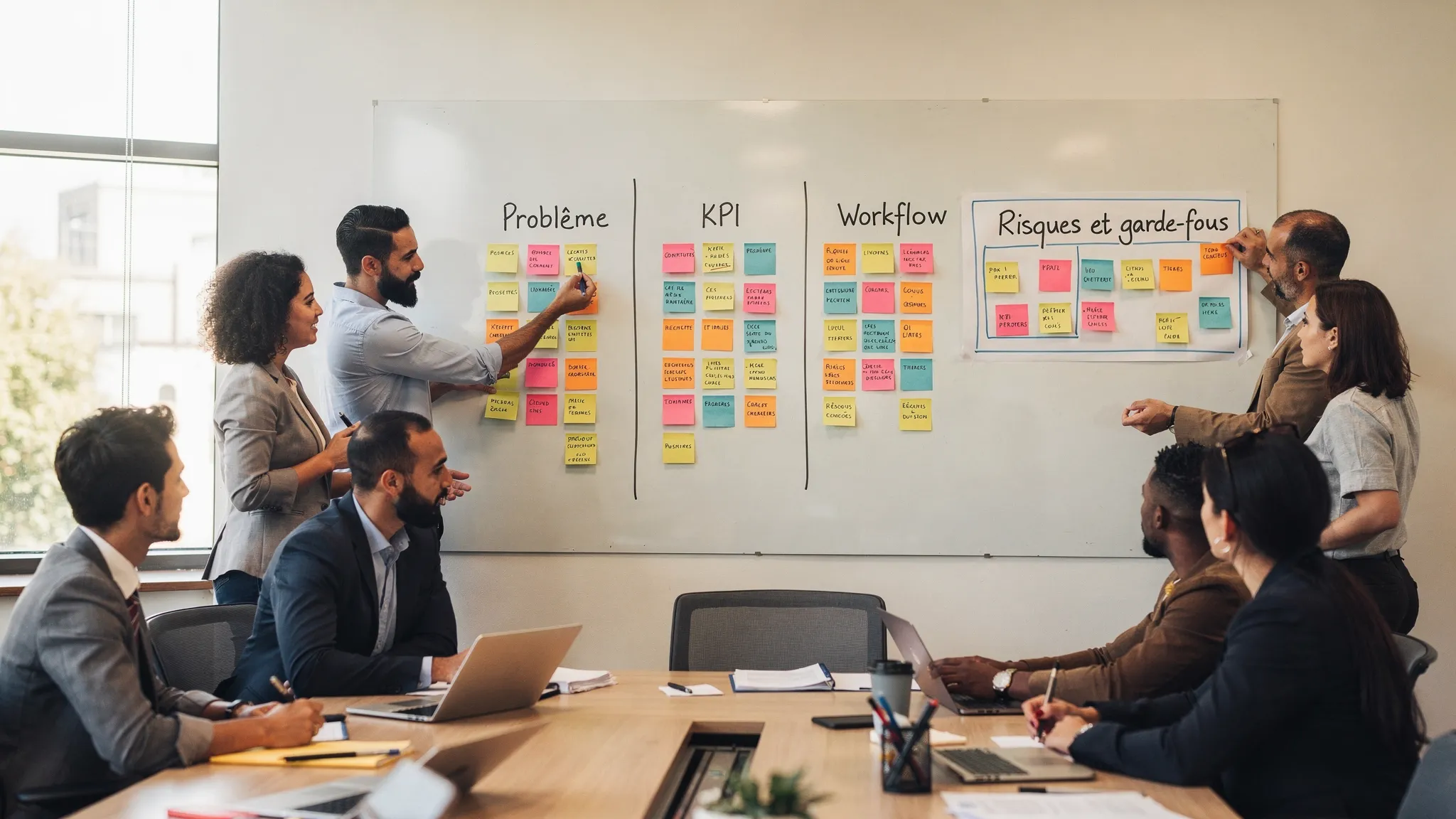 Illustration of a team in a framing workshop, with post-its on a board presenting three columns: "Problem", "KPI", "Workflow", and a fourth section "Risks and guardrails".
