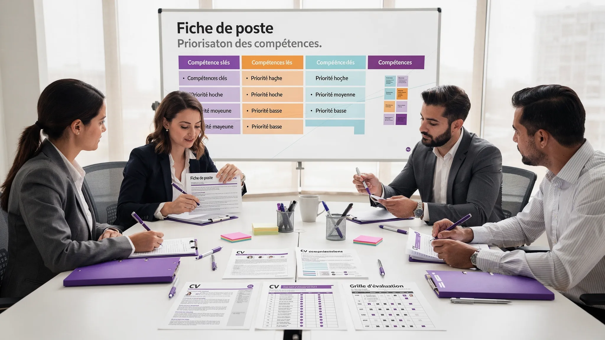 An HR team and managers organizing a structured recruitment process with job descriptions, evaluation grids, printed resumes, and a skills prioritization board.