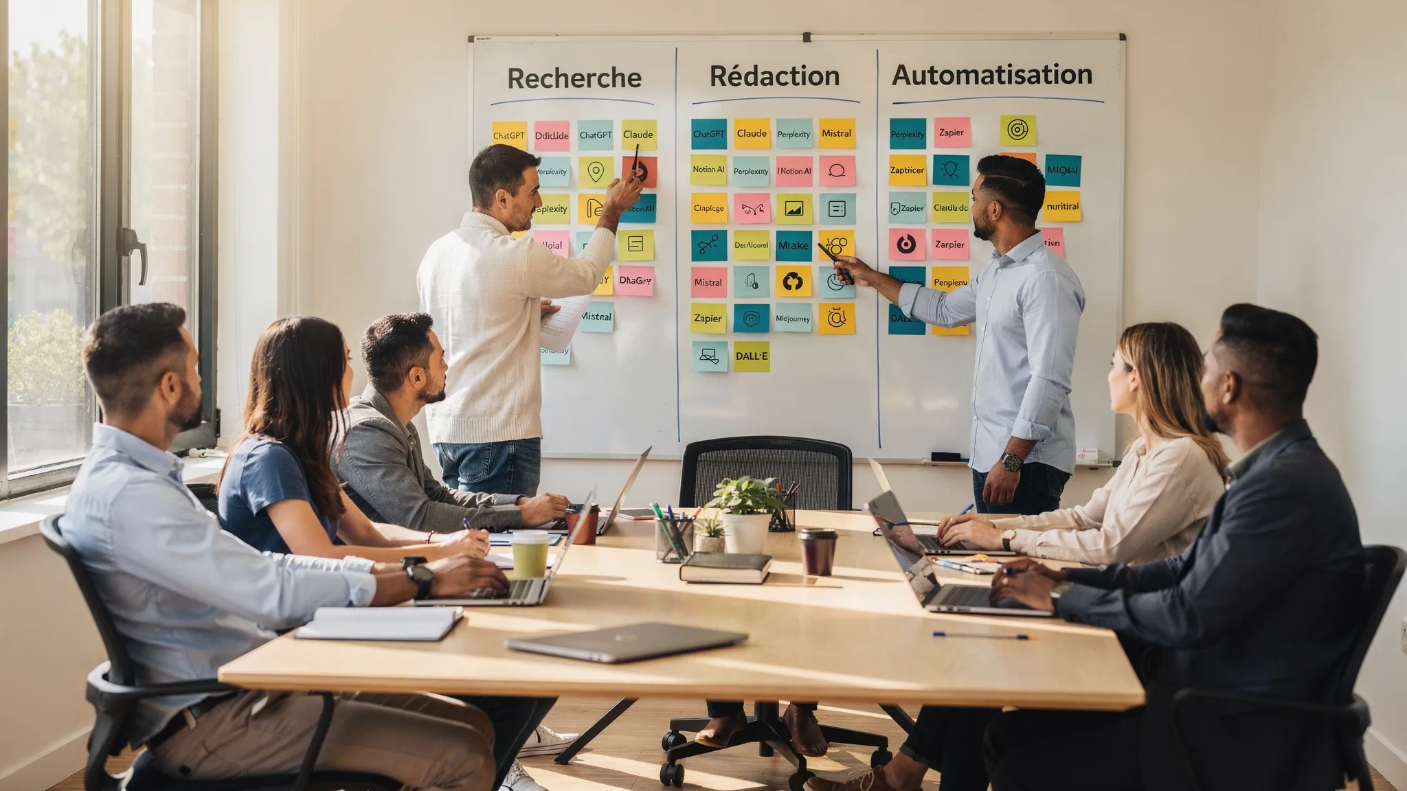 An SME team around a table, with a whiteboard showing three columns “Research”, “Drafting”, “Automation” and post-its representing different AI tools.