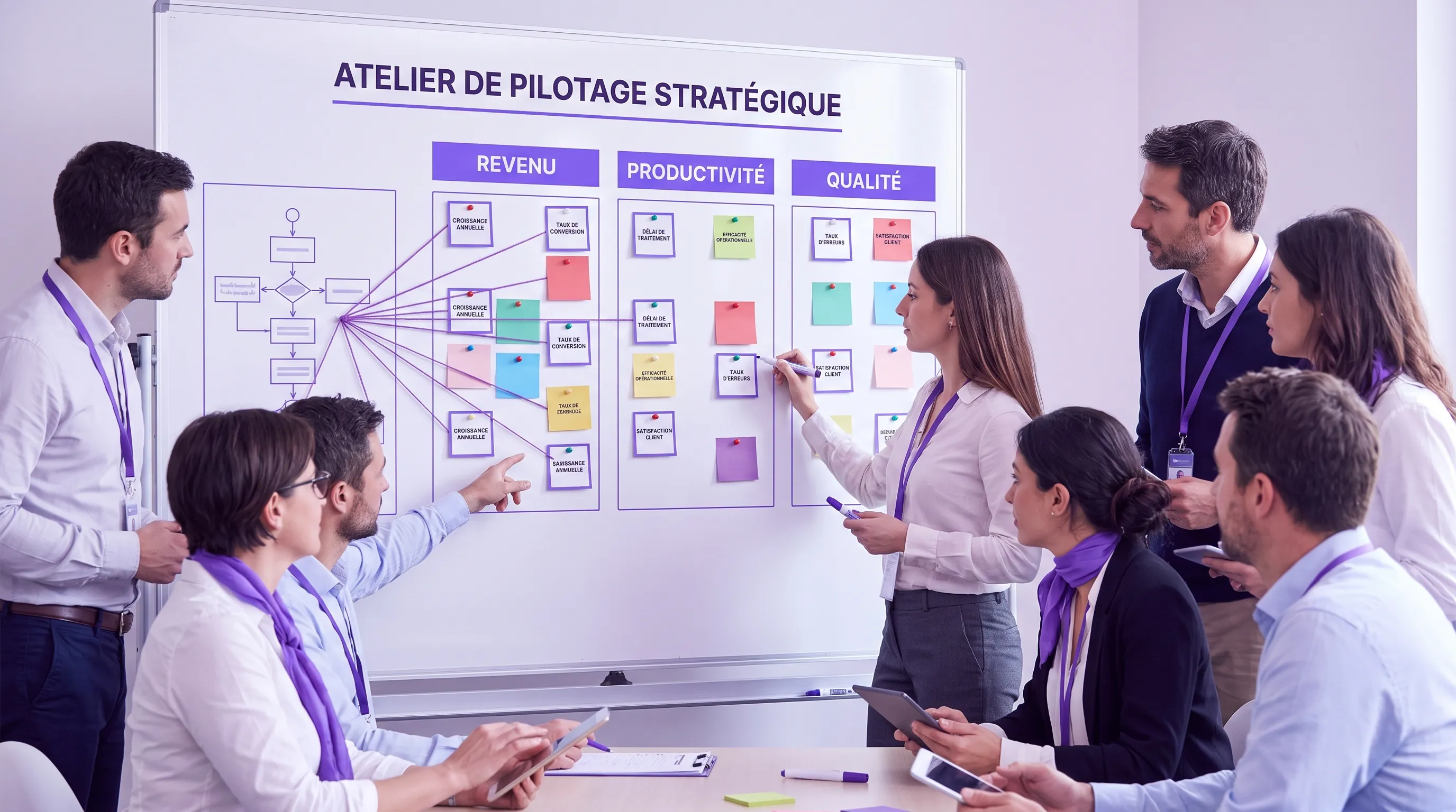 A management workshop in an SME with a whiteboard showing three columns, revenue, productivity, and quality, and KPI cards linked to business processes.