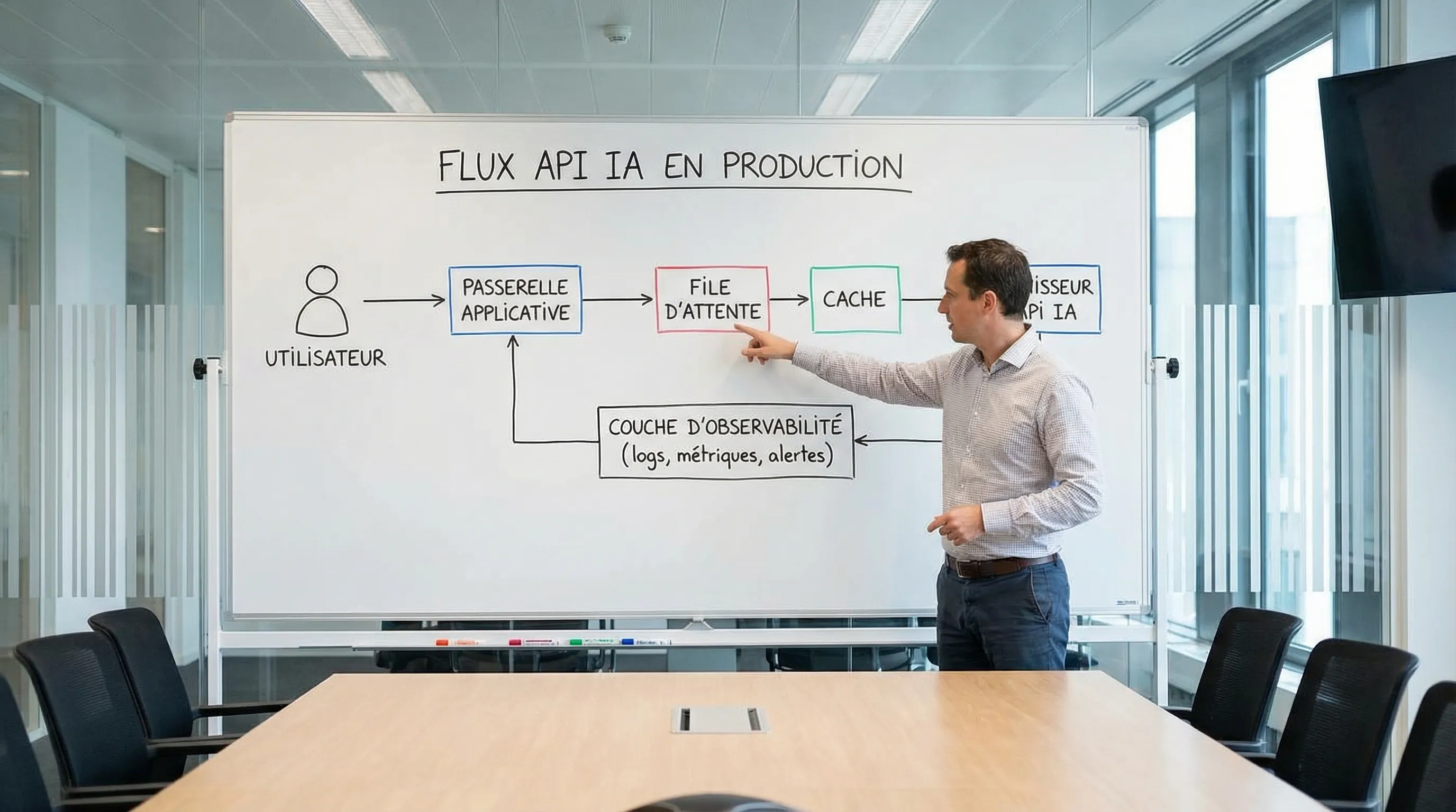 Schéma simple montrant un flux API d’IA en production avec un utilisateur, une passerelle applicative, une file d’attente, un cache, le fournisseur d’API d’IA, et une couche d’observabilité (logs, métriques, alertes).