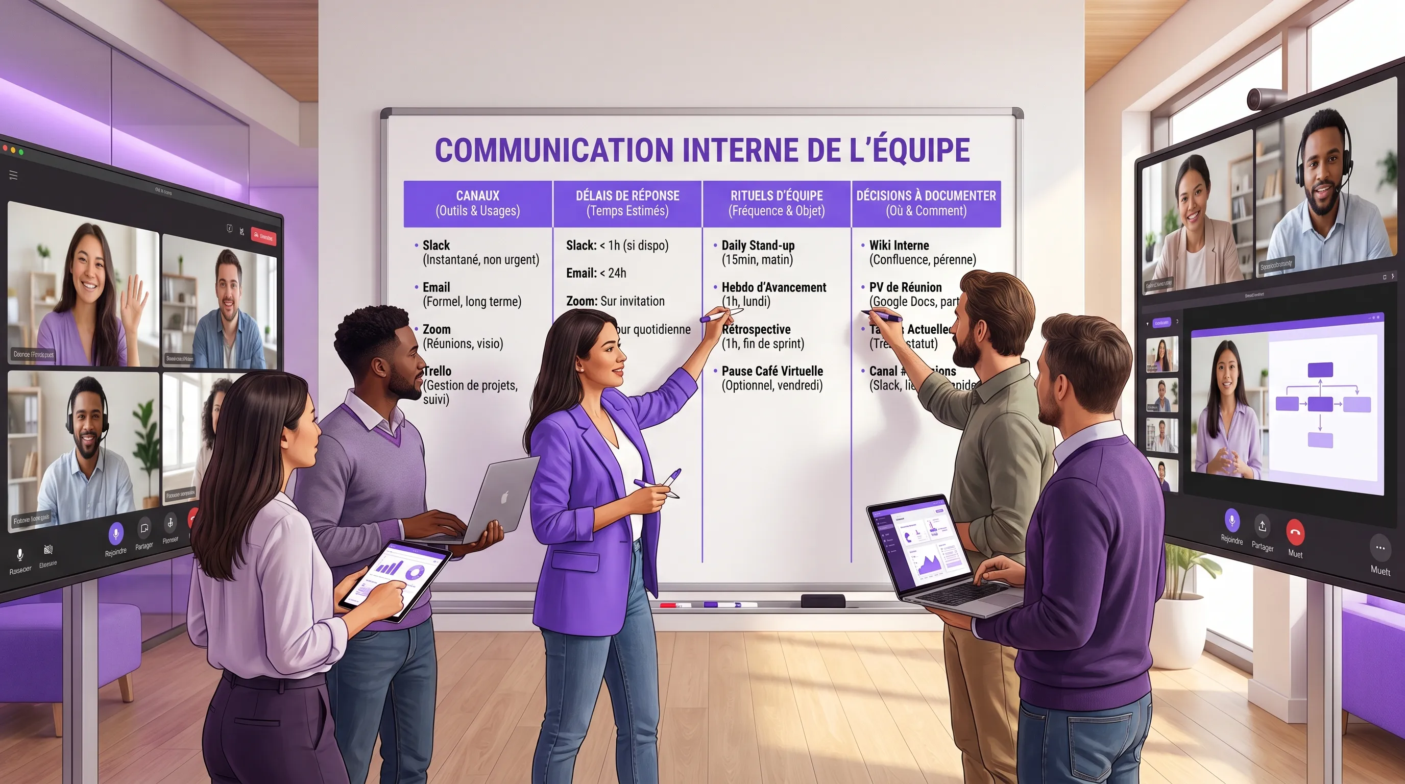 Une équipe hybride organise sa communication interne autour d’un tableau clair avec les canaux, les délais de réponse, les rituels d’équipe et les décisions à documenter. Certains collaborateurs sont réunis dans une salle, d’autres participent à distance sur des écrans orientés vers le groupe.