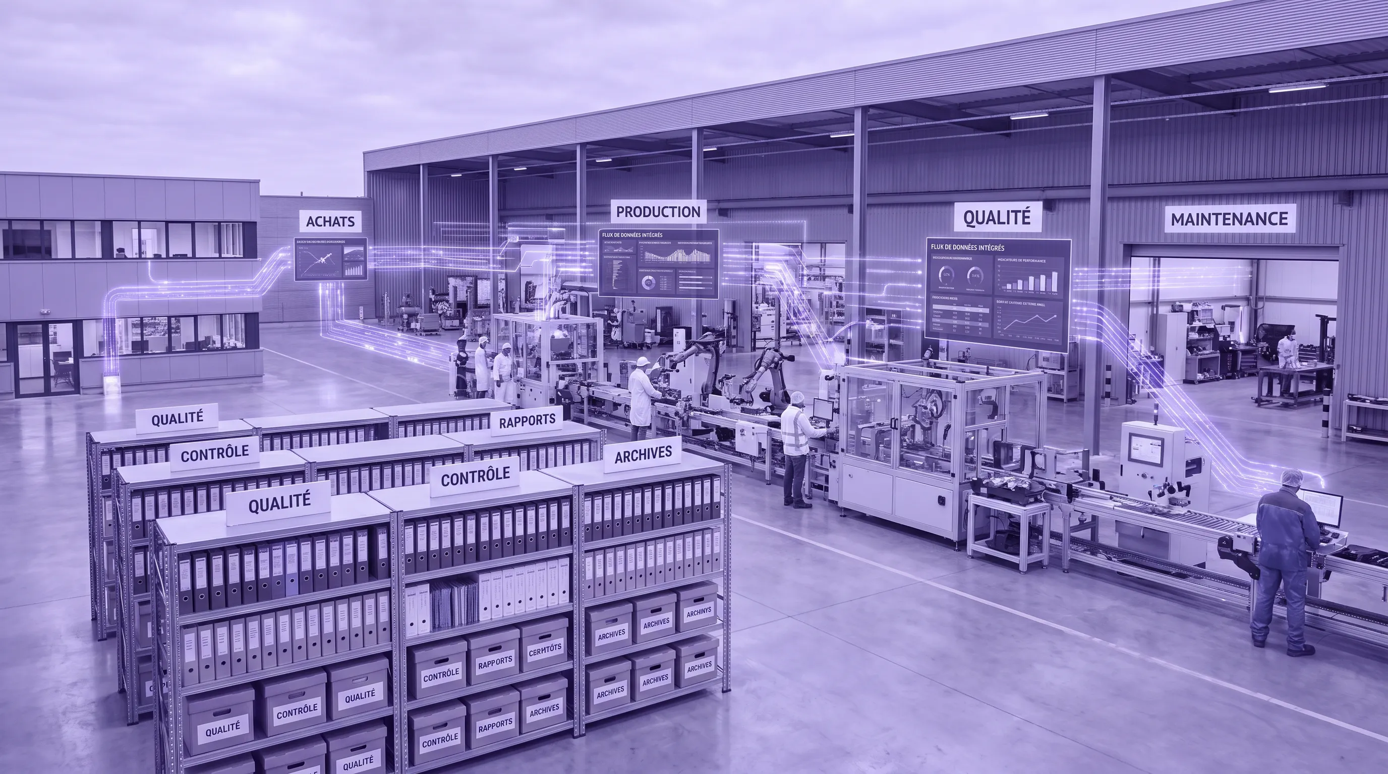 Une vue large d’un site industriel avec la ligne de production en arrière-plan, des dossiers qualité rangés au premier plan et des flux de données reliant les services achats, production, qualité et maintenance.