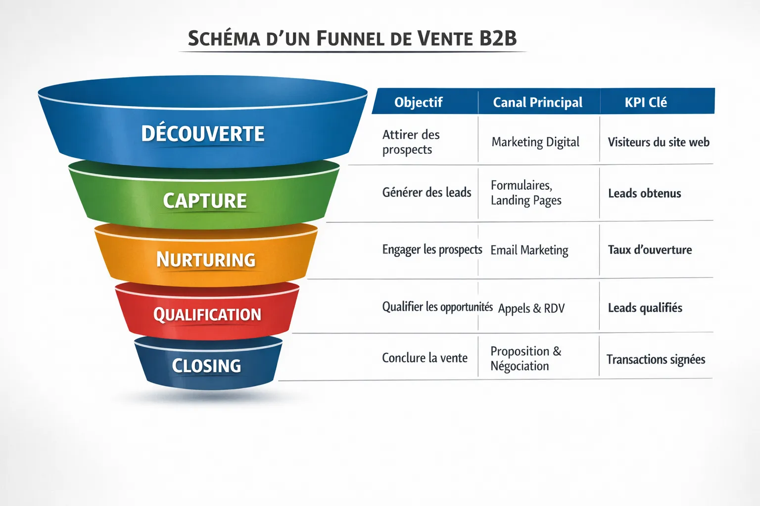 Simple diagram of a B2B sales funnel in 5 steps (Discovery, Capture, Nurturing, Qualification, Closing), with a goal, a main channel, and a key KPI for each step.