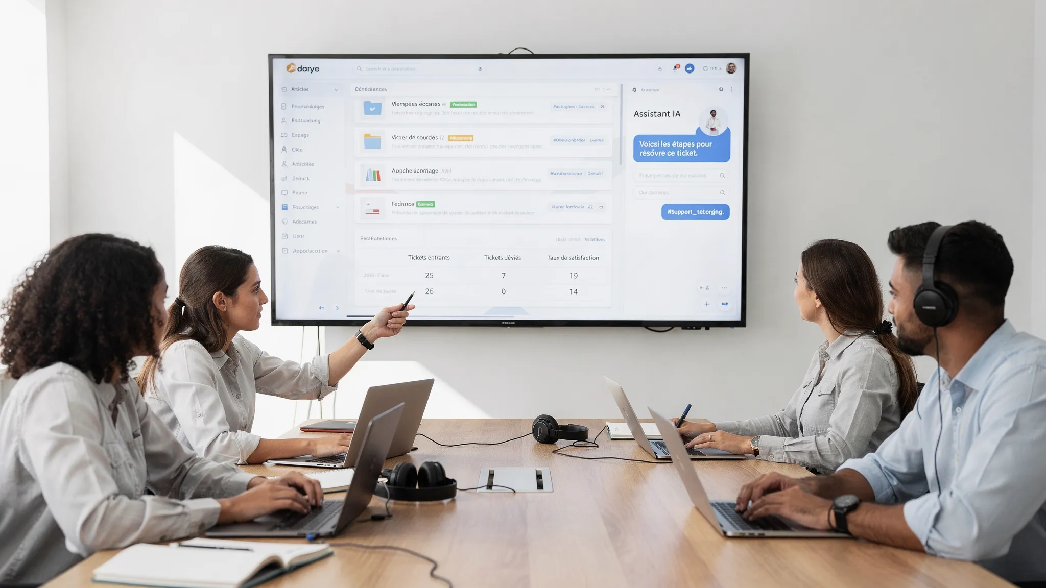 An SME support team examining a structured knowledge base with articles, tags, and an AI assistant proposing answers, with a simple chart showing incoming tickets, deflected tickets, and satisfaction rate.