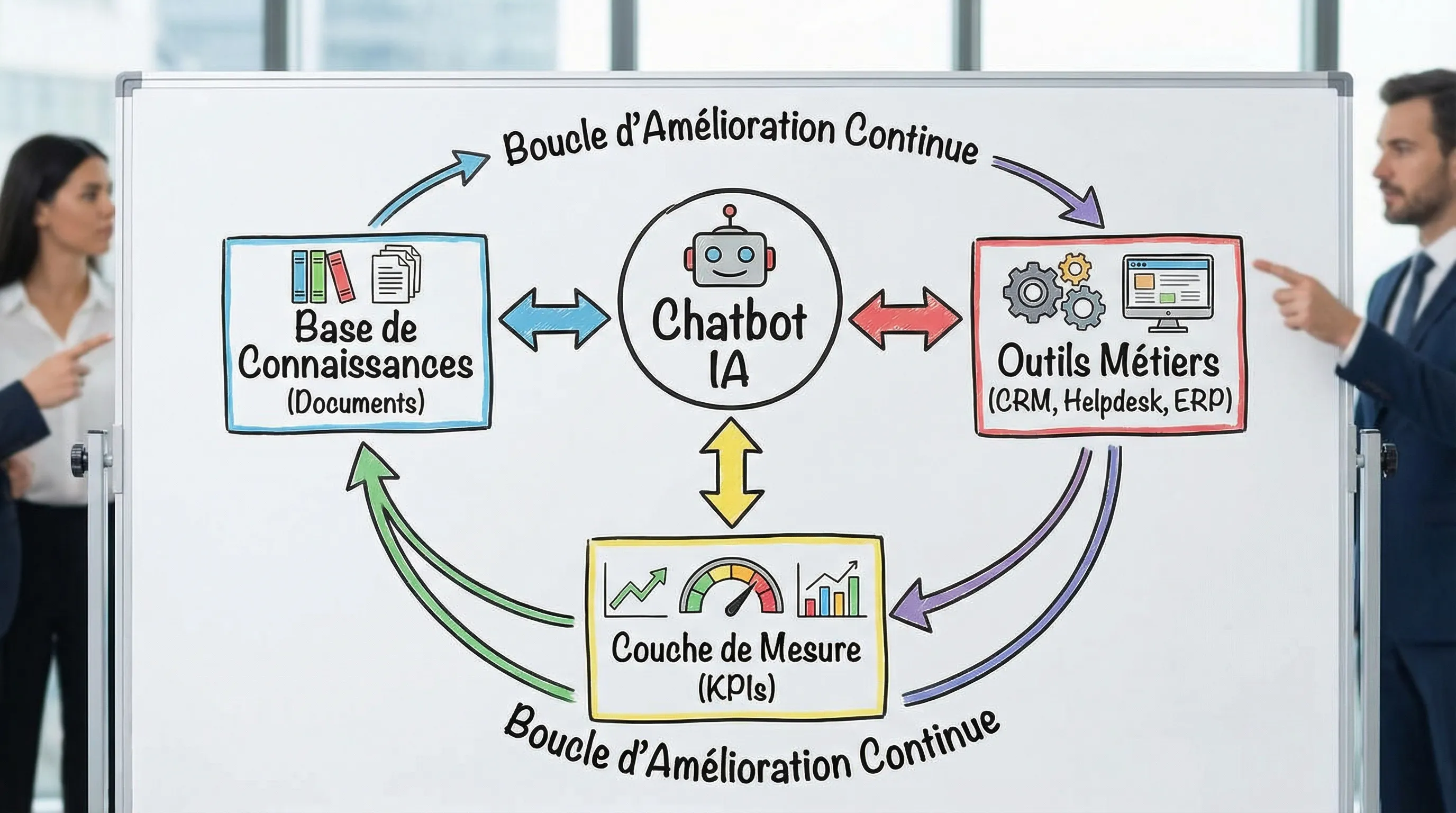 Schéma simple montrant un chatbot IA relié à trois briques: une base de connaissances (documents), des outils métiers (CRM, helpdesk, ERP) et une couche de mesure (KPIs), avec une boucle d’amélioration continue.