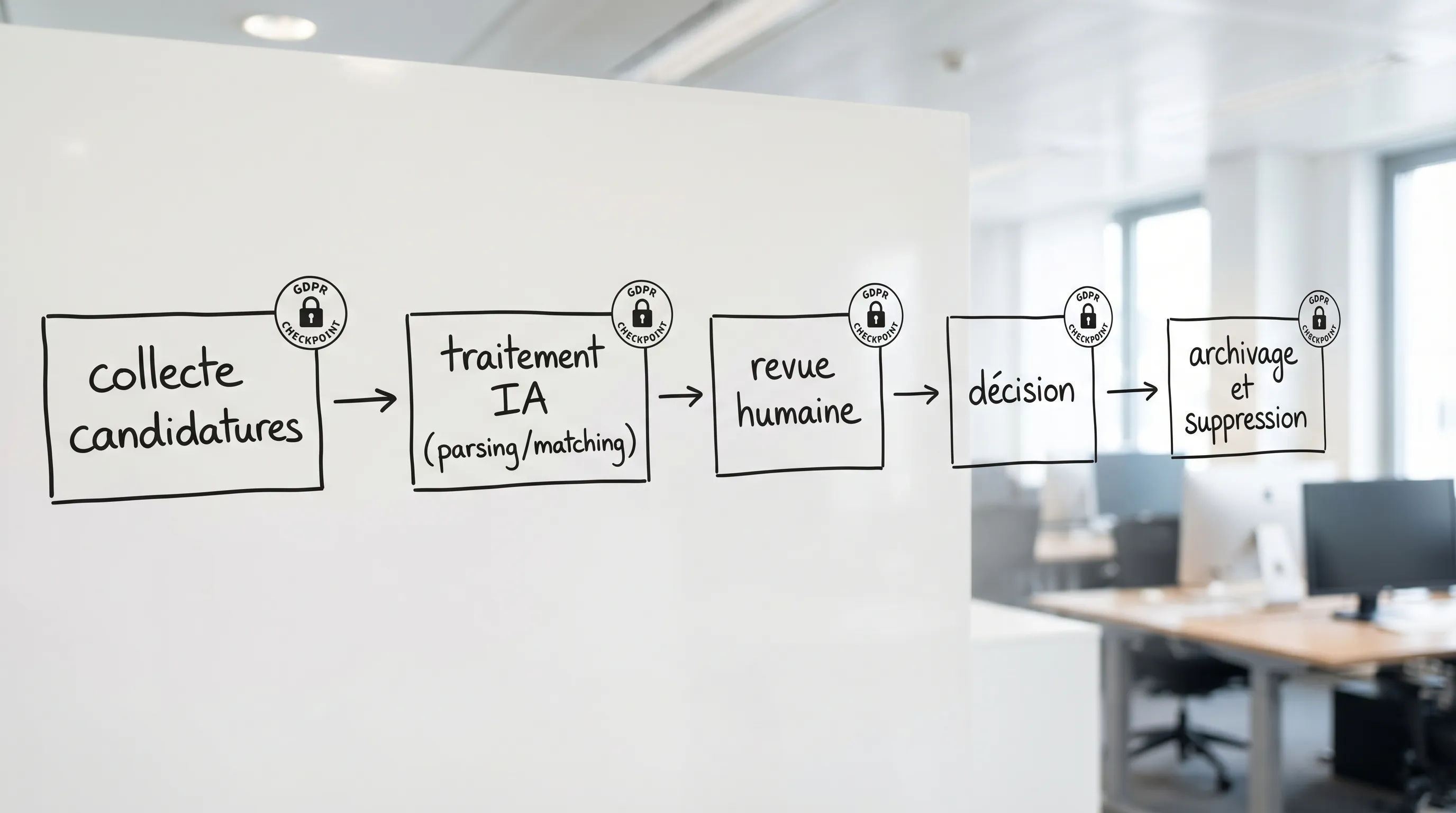 Simple diagram of the recruitment pipeline with AI, in maximum 5 blocks: application collection, AI processing (parsing/matching), human review, decision, archiving and deletion, with GDPR checkpoints at each step.