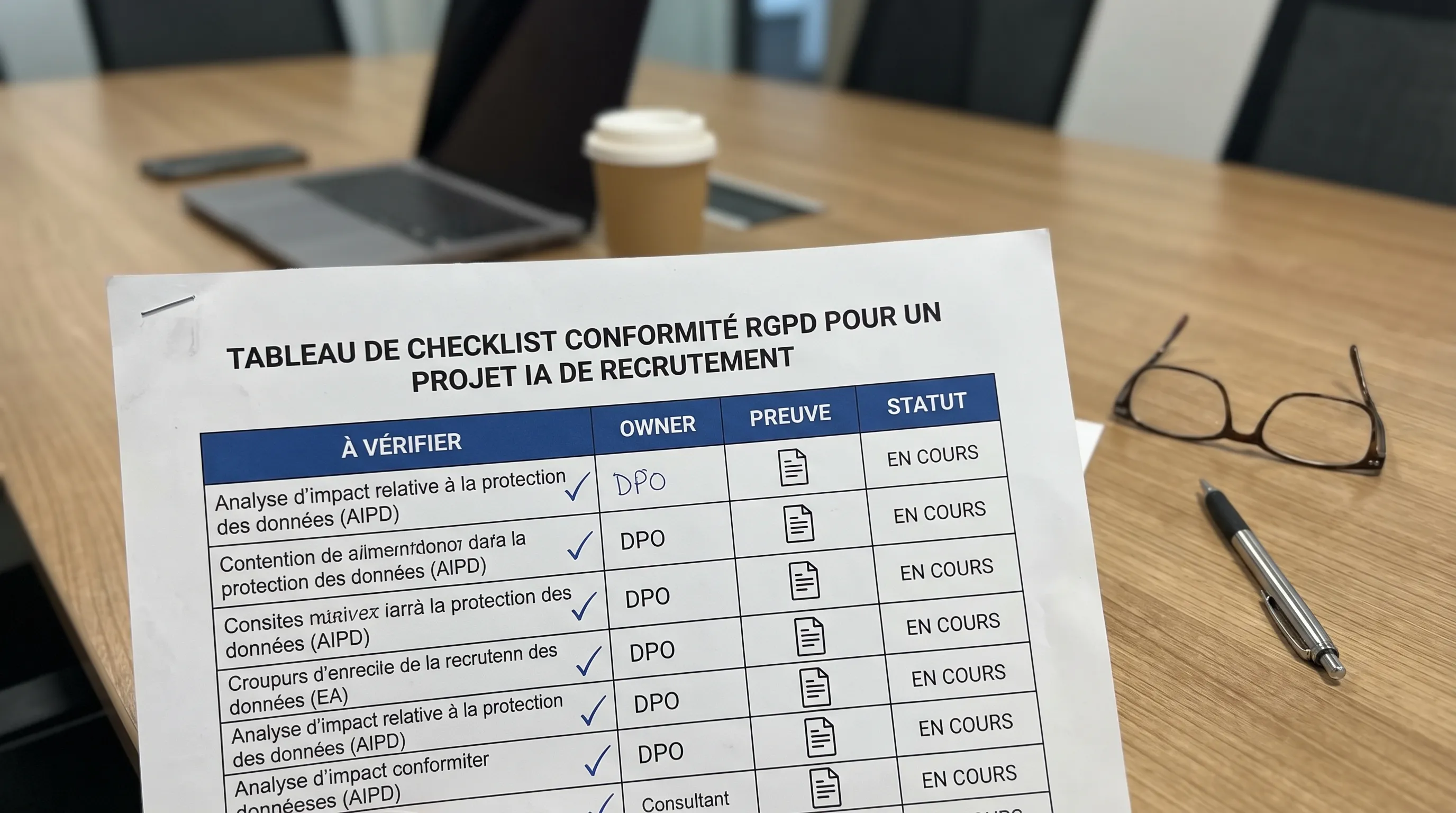 GDPR compliance checklist table for an AI recruitment project, with columns "to check", "owner", "evidence", "status".