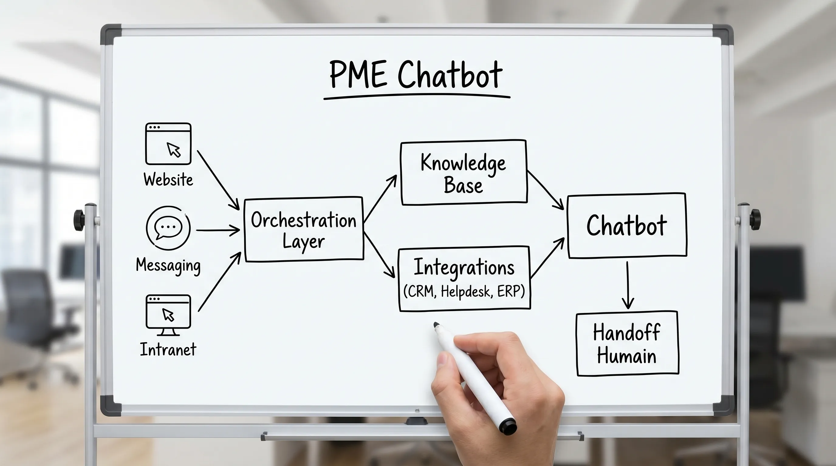 Simple diagram of a chatbot in an SME showing channels (website, messaging, intranet), an orchestration layer, a knowledge base, and integrations (CRM, helpdesk, ERP), with a "human handoff" output.