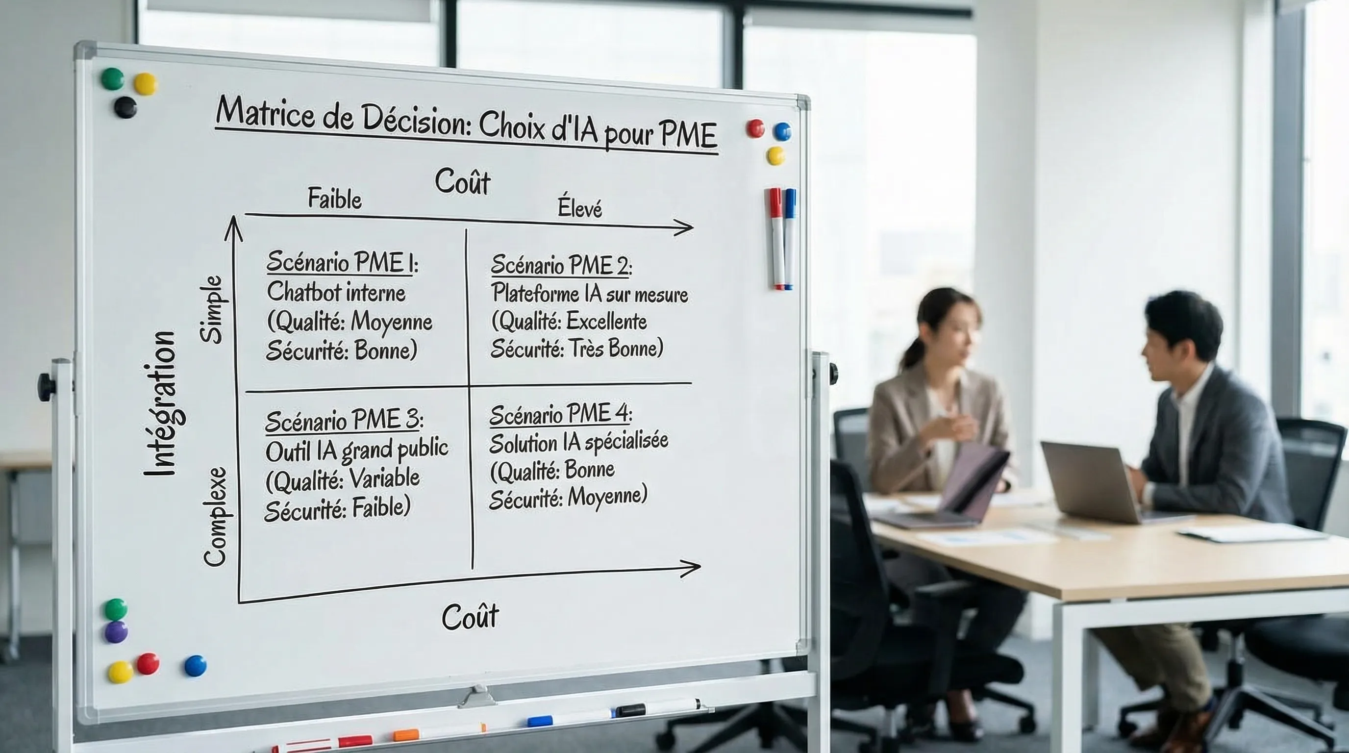 Illustration d’une matrice de décision pour choisir une IA en entreprise, avec quatre axes simples (qualité, coût, sécurité, intégration) et des exemples de scénarios PME.