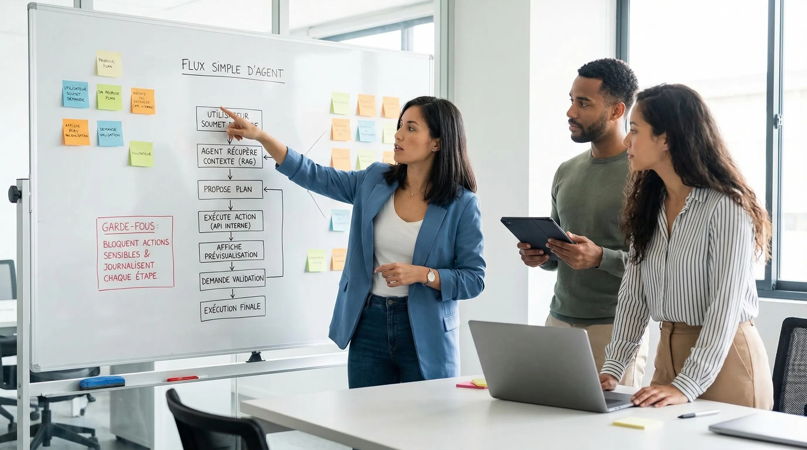 Flux simple d’agent : l’utilisateur soumet une demande, l’agent récupère du contexte via RAG, propose un plan, exécute une action via une API interne, affiche une prévisualisation, puis demande validation avant exécution finale. Des garde-fous bloquent les actions sensibles et journalisent chaque étape.