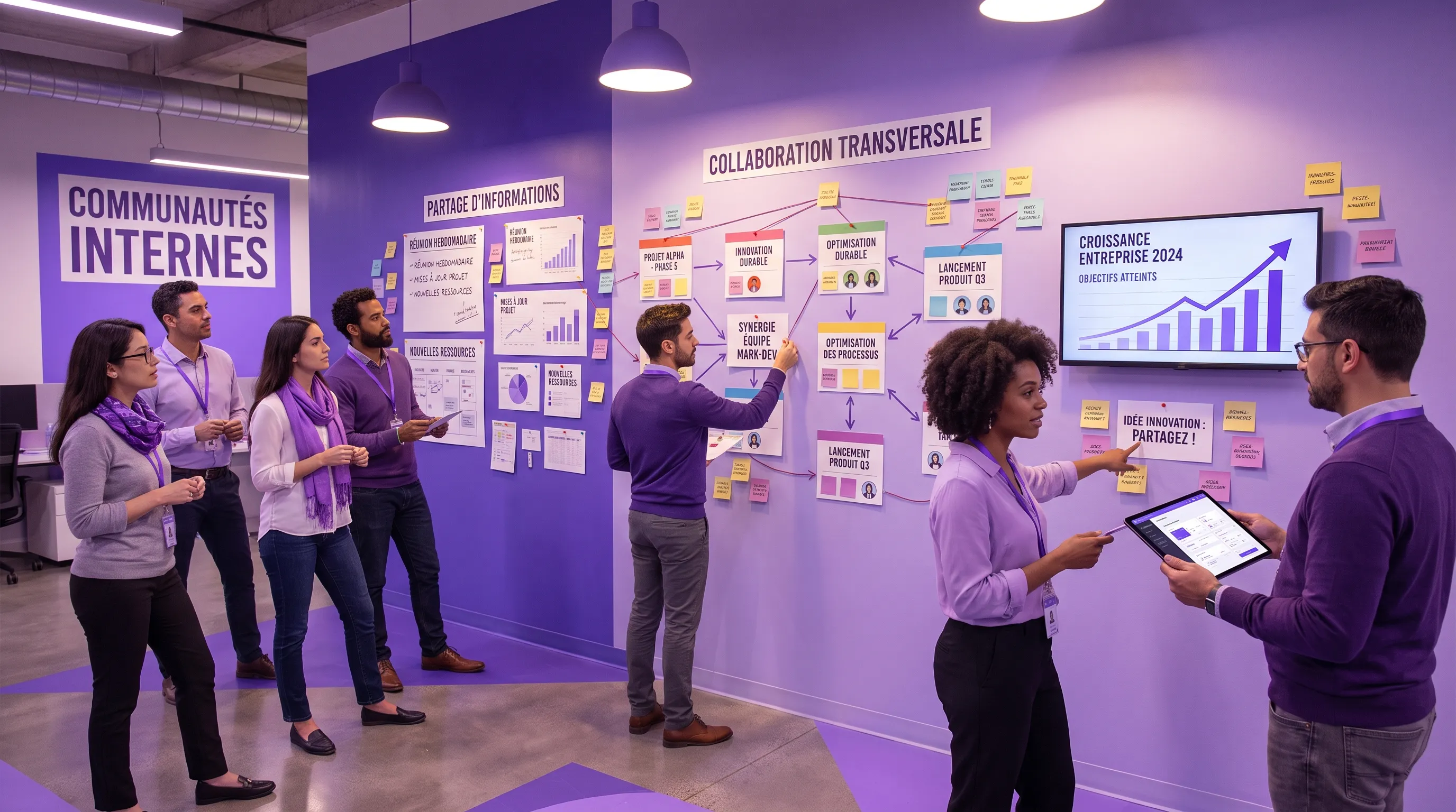 Employees from multiple teams discussing around a wall of notes and project cards, symbolizing internal communities, information sharing, and cross-functional collaboration in a growing company.