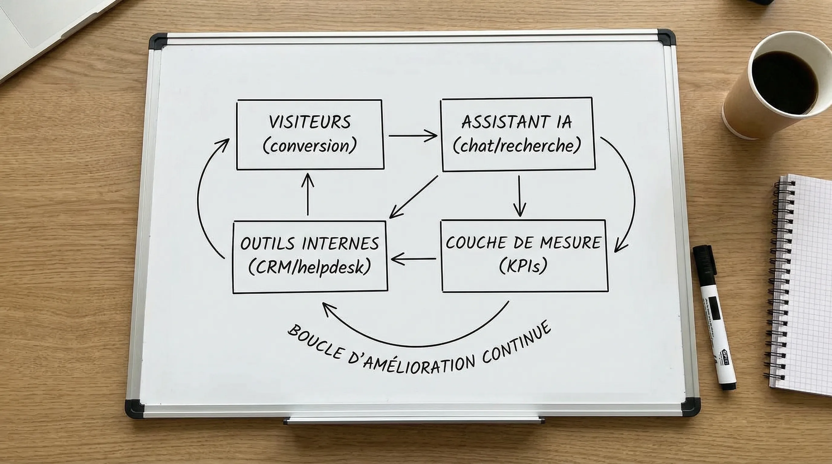 Schéma simple d’un site web connecté à un module IA, avec 4 blocs : visiteurs (conversion), assistant IA (chat/recherche), outils internes (CRM/helpdesk), et couche de mesure (KPIs) montrant une boucle d’amélioration continue.