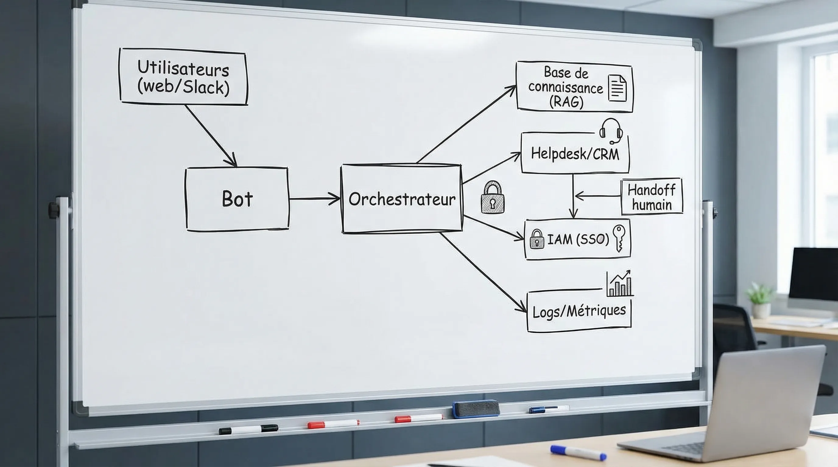 Schéma d’architecture d’un bot en production : Utilisateurs (web/Slack) vers Bot, puis couche Orchestrateur, reliée à une Base de connaissance (RAG), au Helpdesk/CRM, à l’IAM (SSO), et à un bloc Logs/Métriques. Un cadenas indique les contrôles d’accès et un panneau “Handoff humain” indique l’escalade.