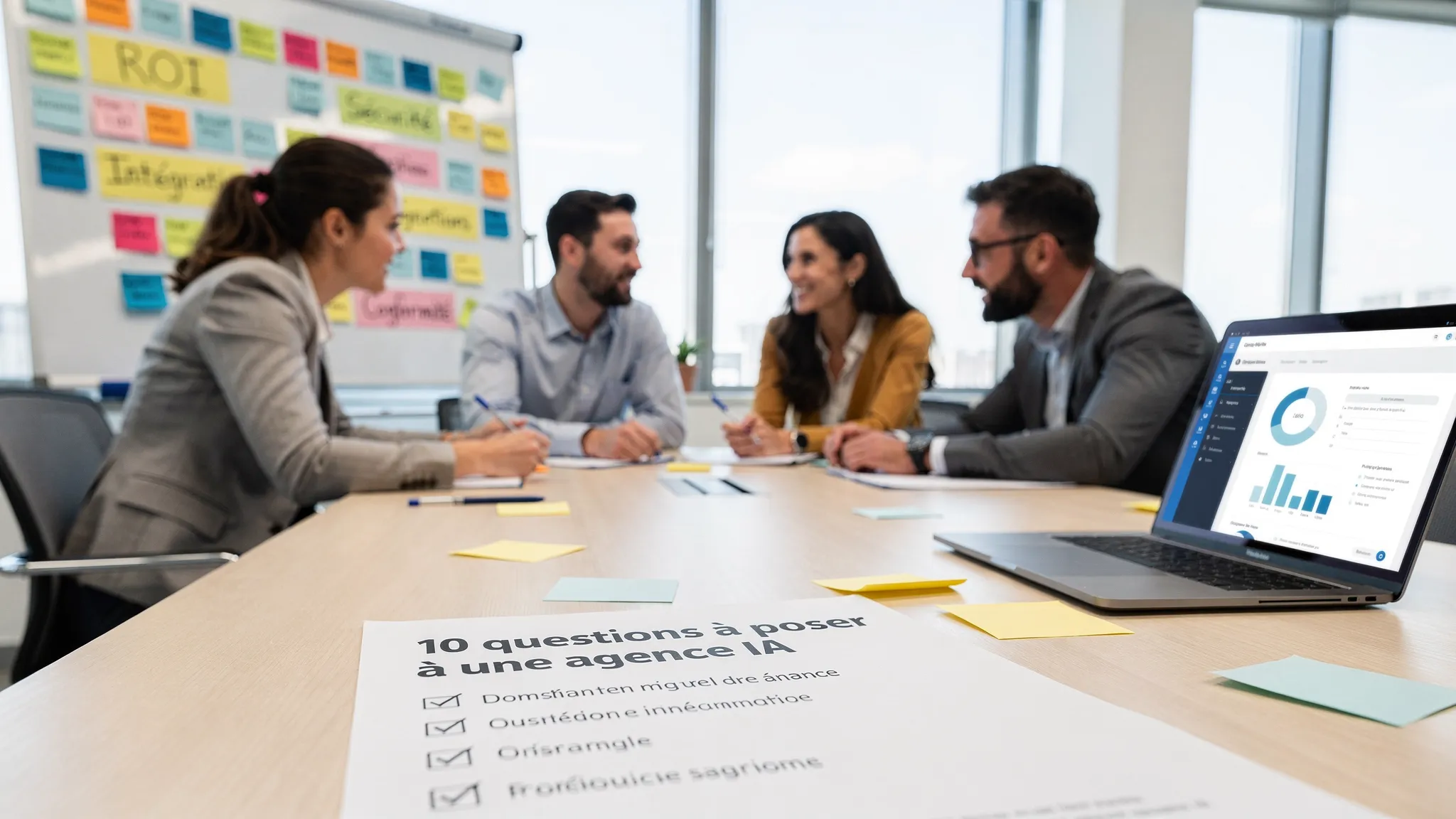 A B2B meeting scene with a printed checklist “10 questions to ask an AI agency”, post-its on a whiteboard (ROI, Security, Integrations, Compliance), and an open laptop facing the team.