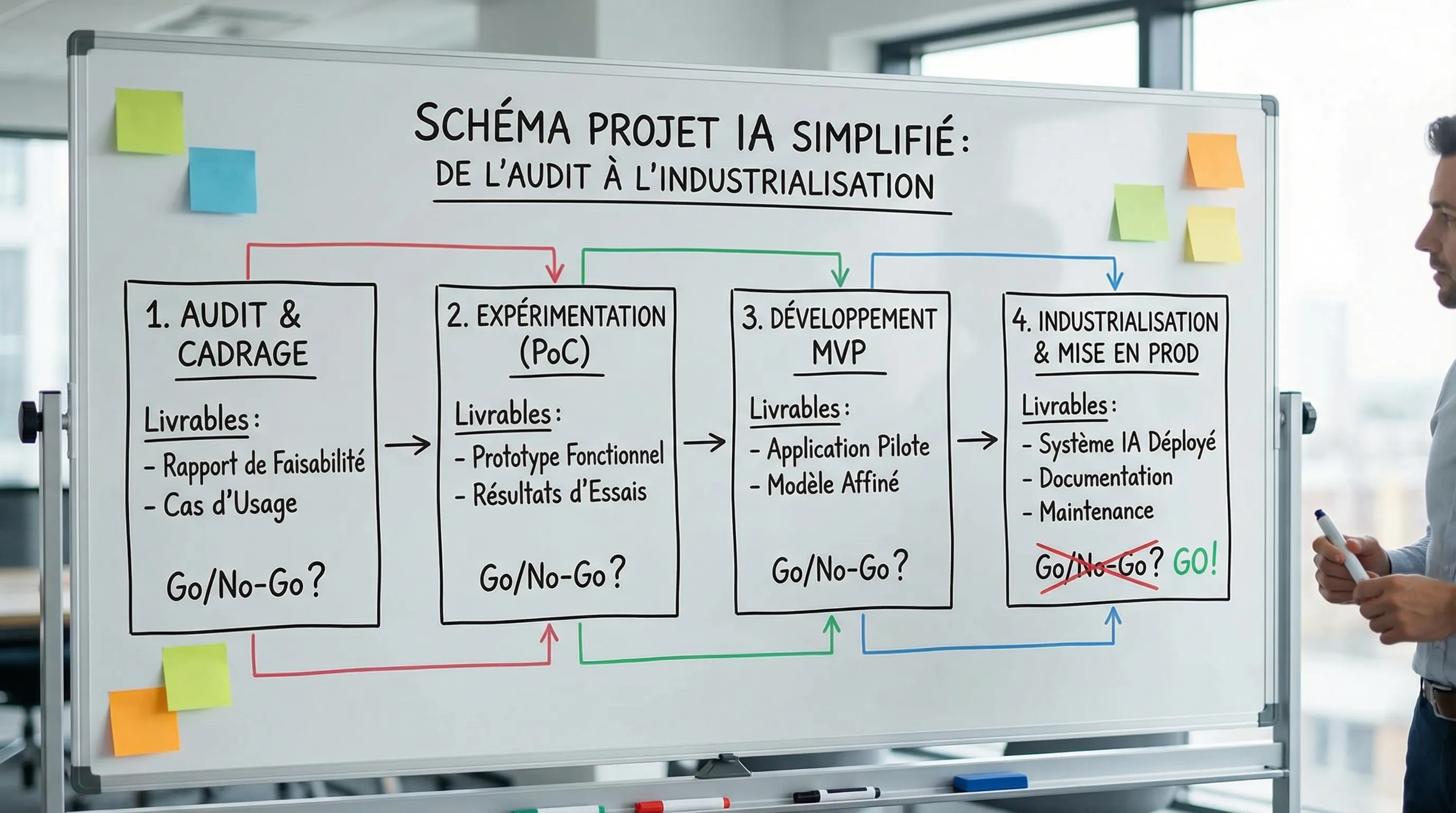 Simple diagram of an AI project in 4 phases, from audit to industrialization, with main deliverables and go/no-go decisions for each phase.
