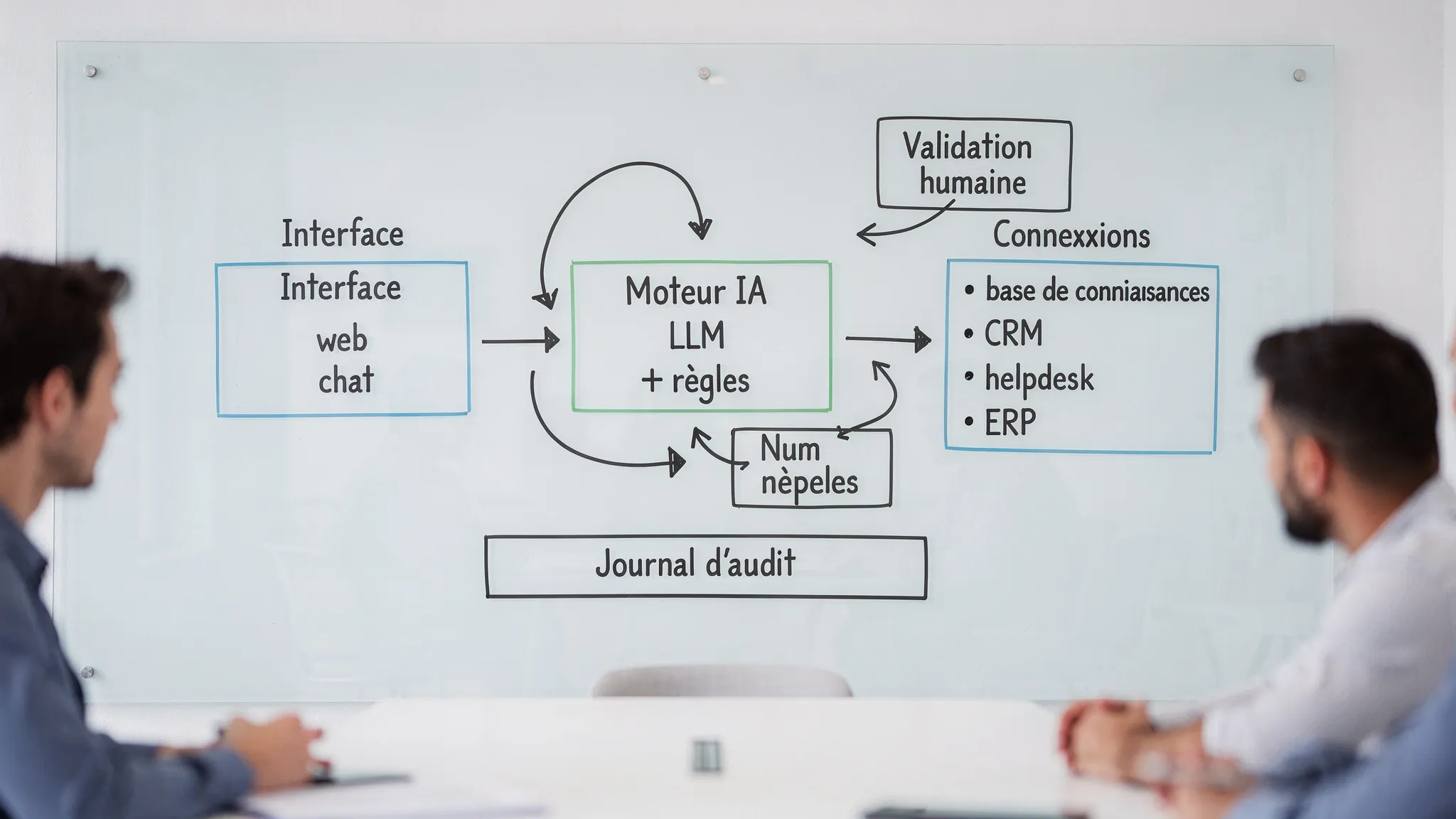 Simple diagram of an AI bot in an SME, showing three blocks: interface (web or chat), AI engine (LLM + rules), and connections (knowledge base, CRM, helpdesk, ERP), with a human validation loop and an audit log.
