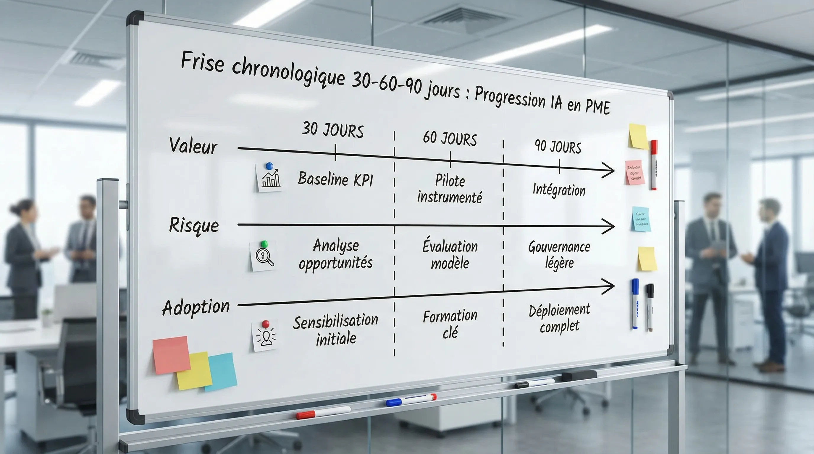 Timeline 30-60-90 days for AI progression in SMEs, with three parallel lines Value, Risk, and Adoption, and key deliverables at each stage (KPI baseline, instrumented pilot, integration, light governance).