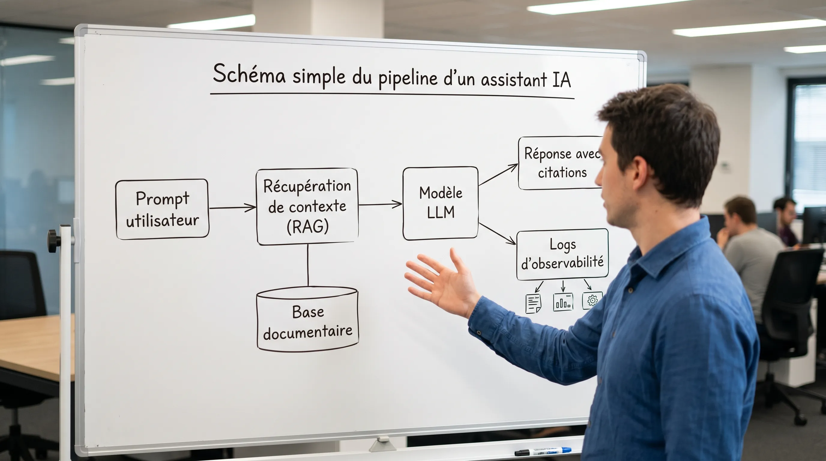Simple diagram of an enterprise AI assistant pipeline: user prompt, context retrieval (RAG) from a document base, LLM model, then response with citations and observability logs.
