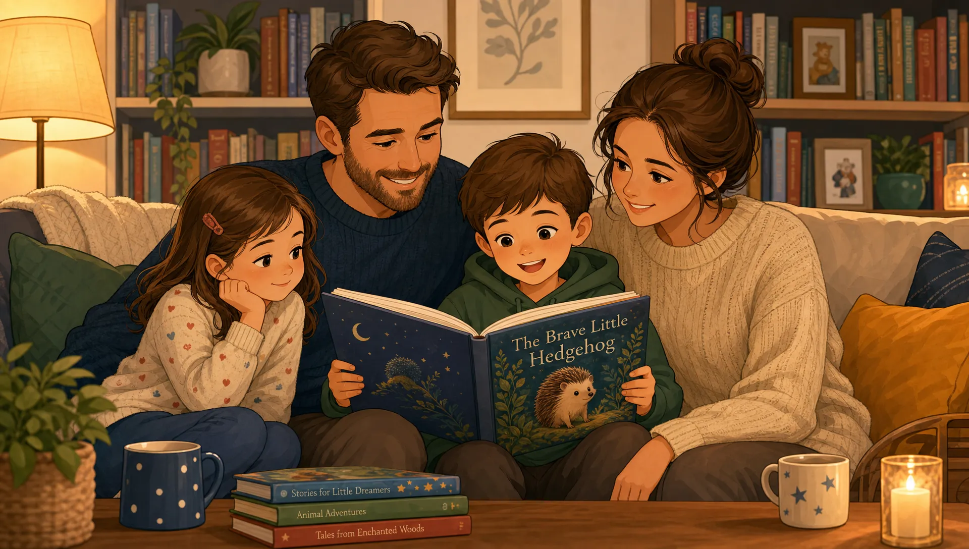 A cosy family reading aloud together on a sofa, with one child holding an illustrated storybook, another child listening closely and bookshelves softly filling the background.