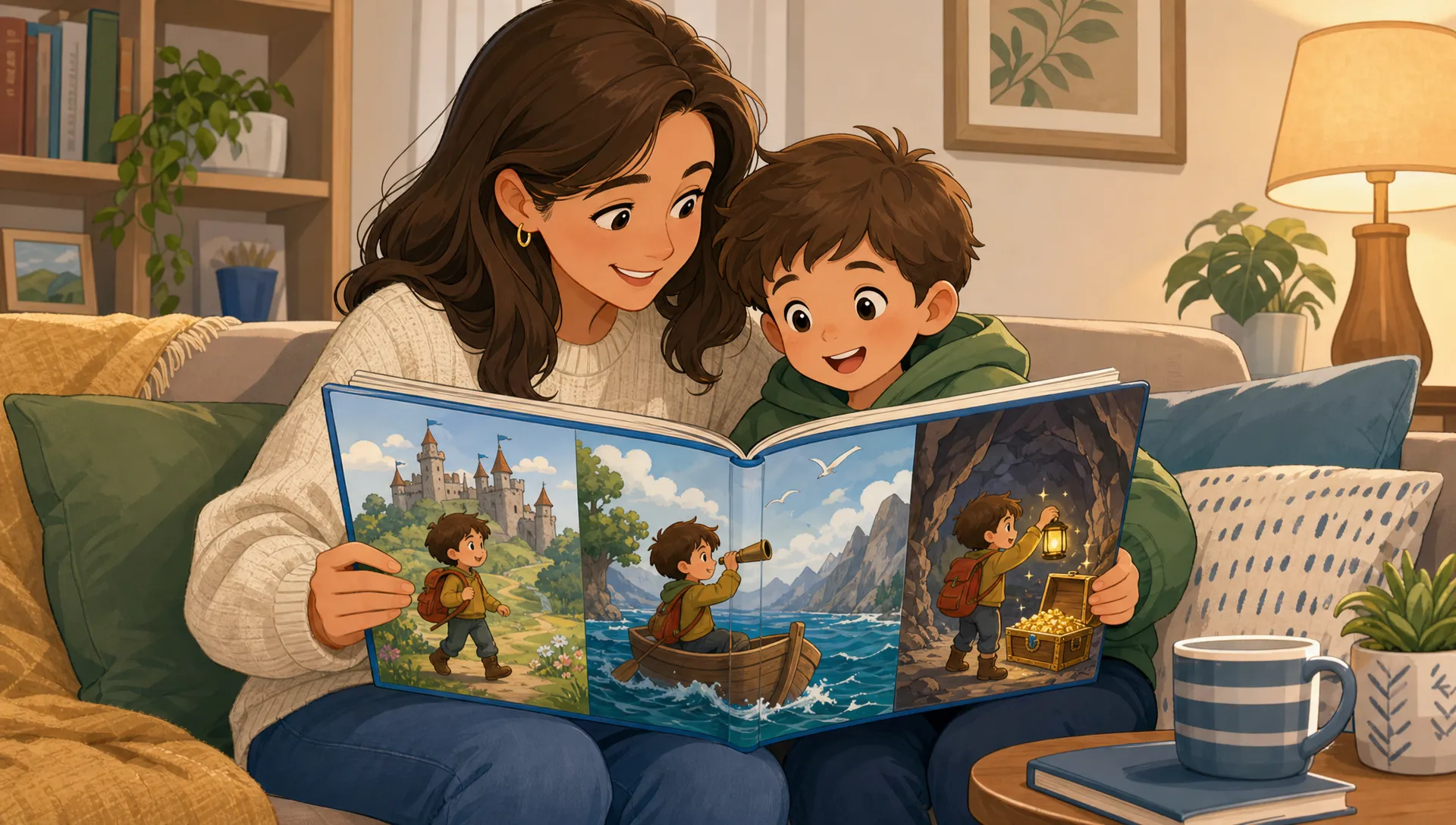 A parent and child sit together on a sofa reading an open illustrated storybook, with the pages showing the same character moving through different scenes of an adventure.