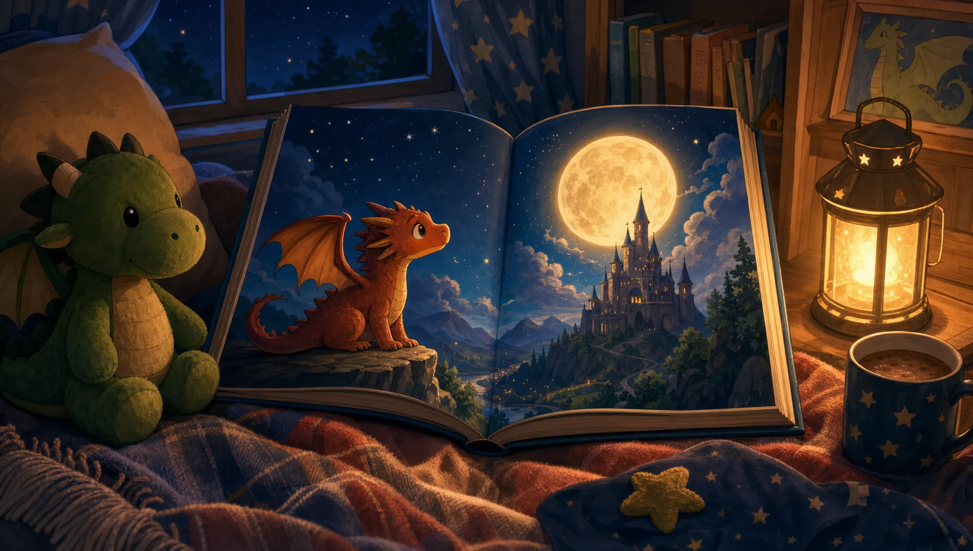 A cosy bedtime scene with an open illustrated storybook on a blanket beside a favourite toy, with a small dragon and a glowing moon on the pages, suggesting a magical story a child wants to hear again.