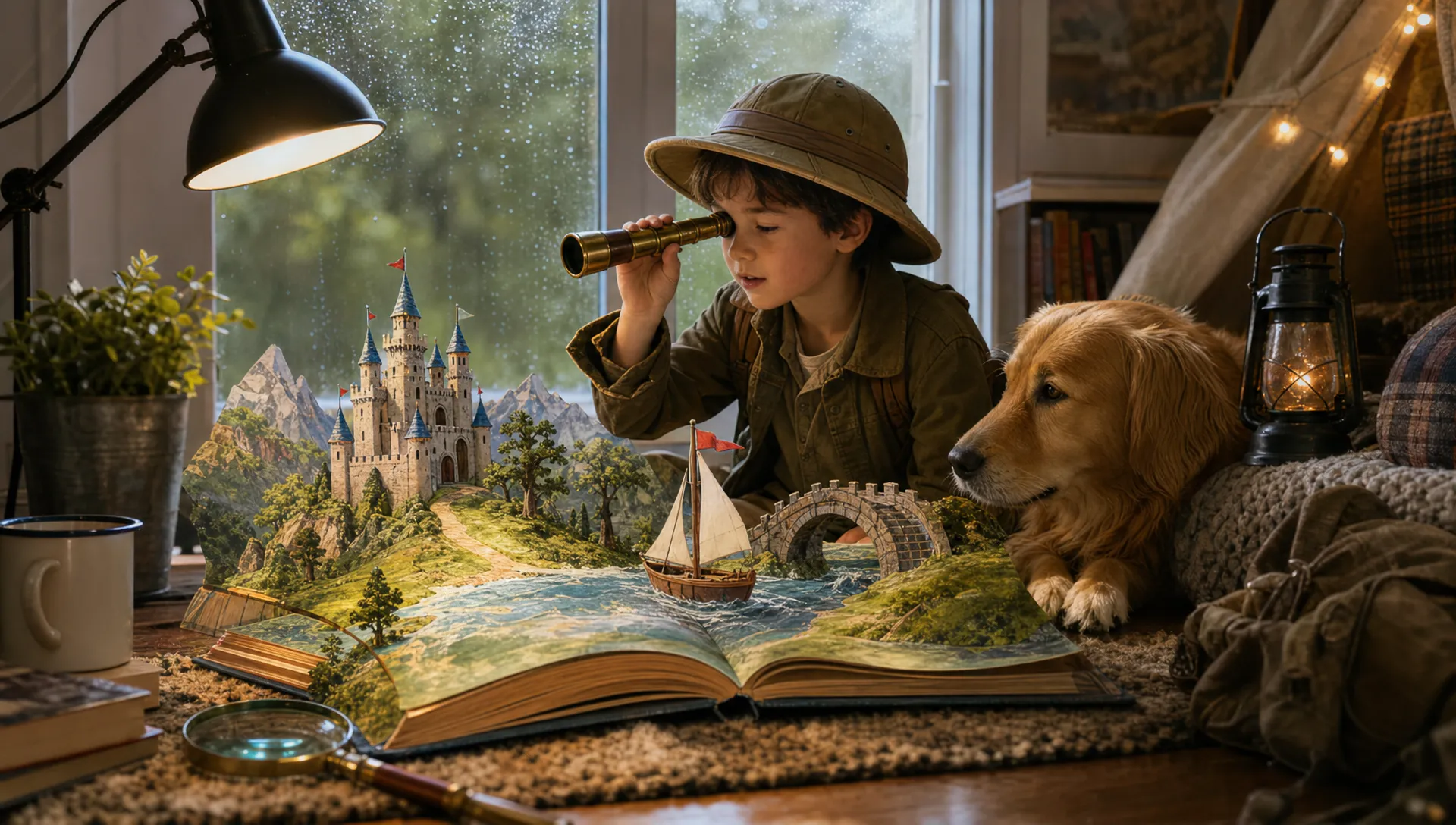 A warm, whimsical storybook-style illustration of an open book in a cozy reading nook, with a child adventurer, a family pet, and familiar household objects woven into an imaginative scene.