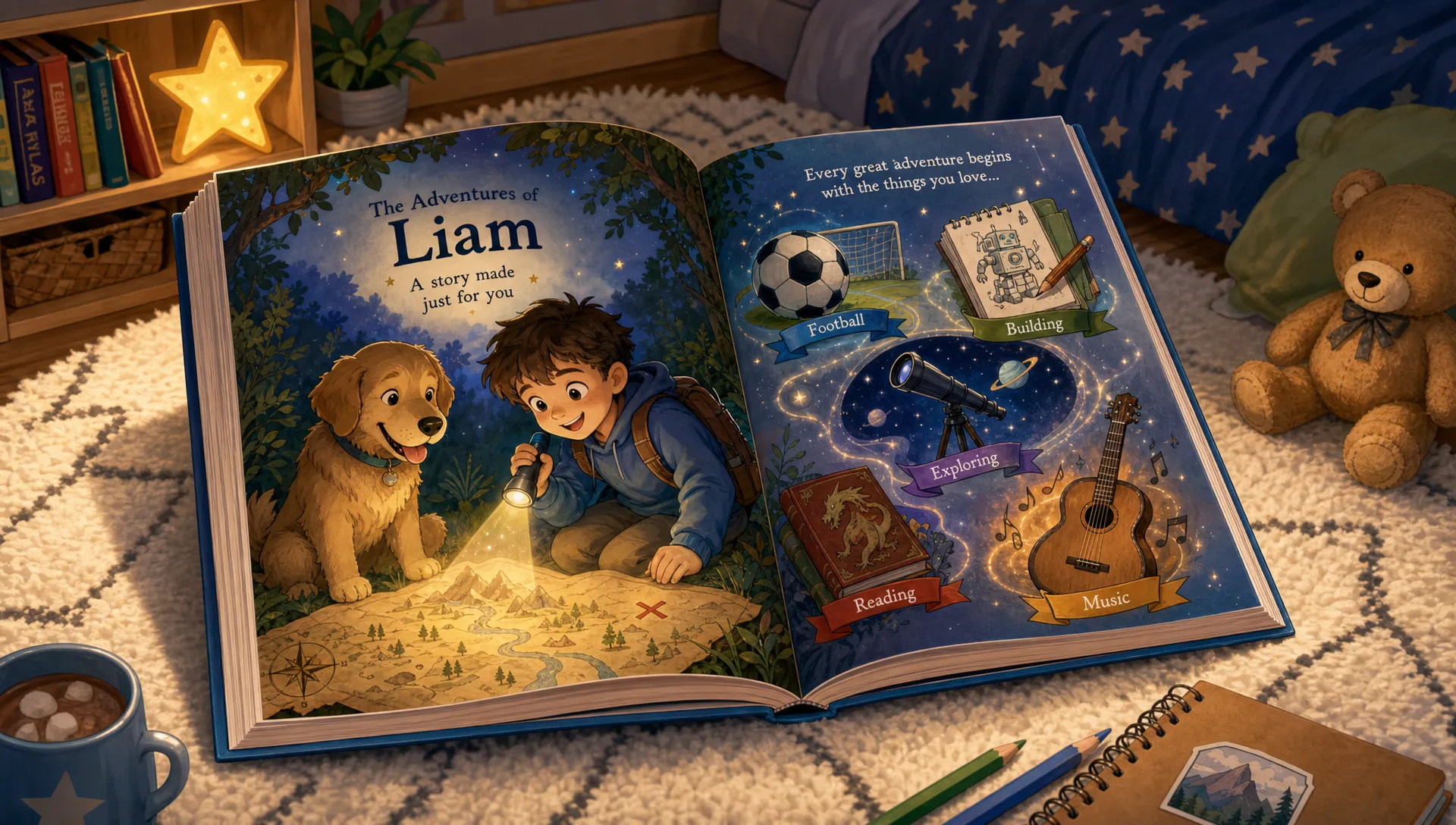 An open personalised storybook on a cosy bedroom rug, with illustrated pages showing the child hero, a family pet, a glowing map, and colourful story objects tied to the child’s favourite hobbies.