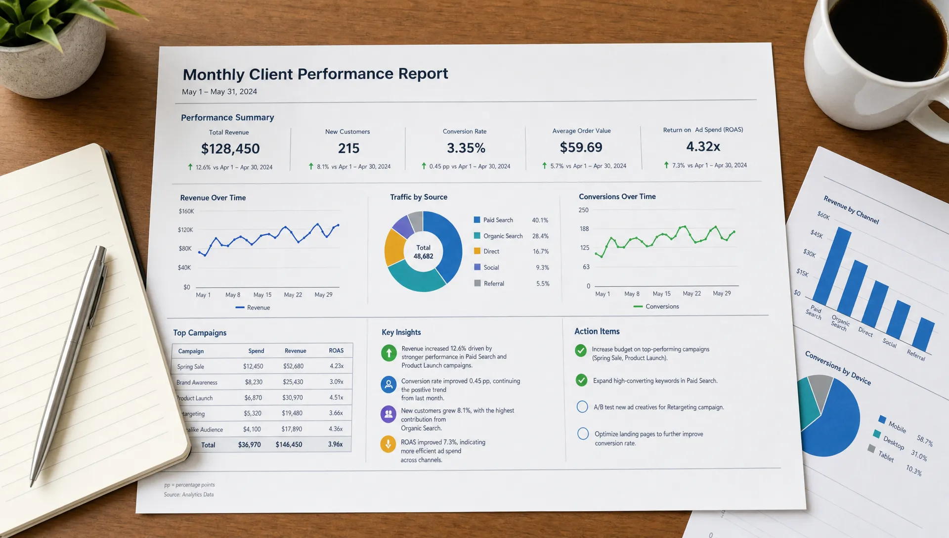 A wide client reporting table with a concise performance summary, simple charts, highlighted insights, and action notes organized beside a notebook and printed charts.