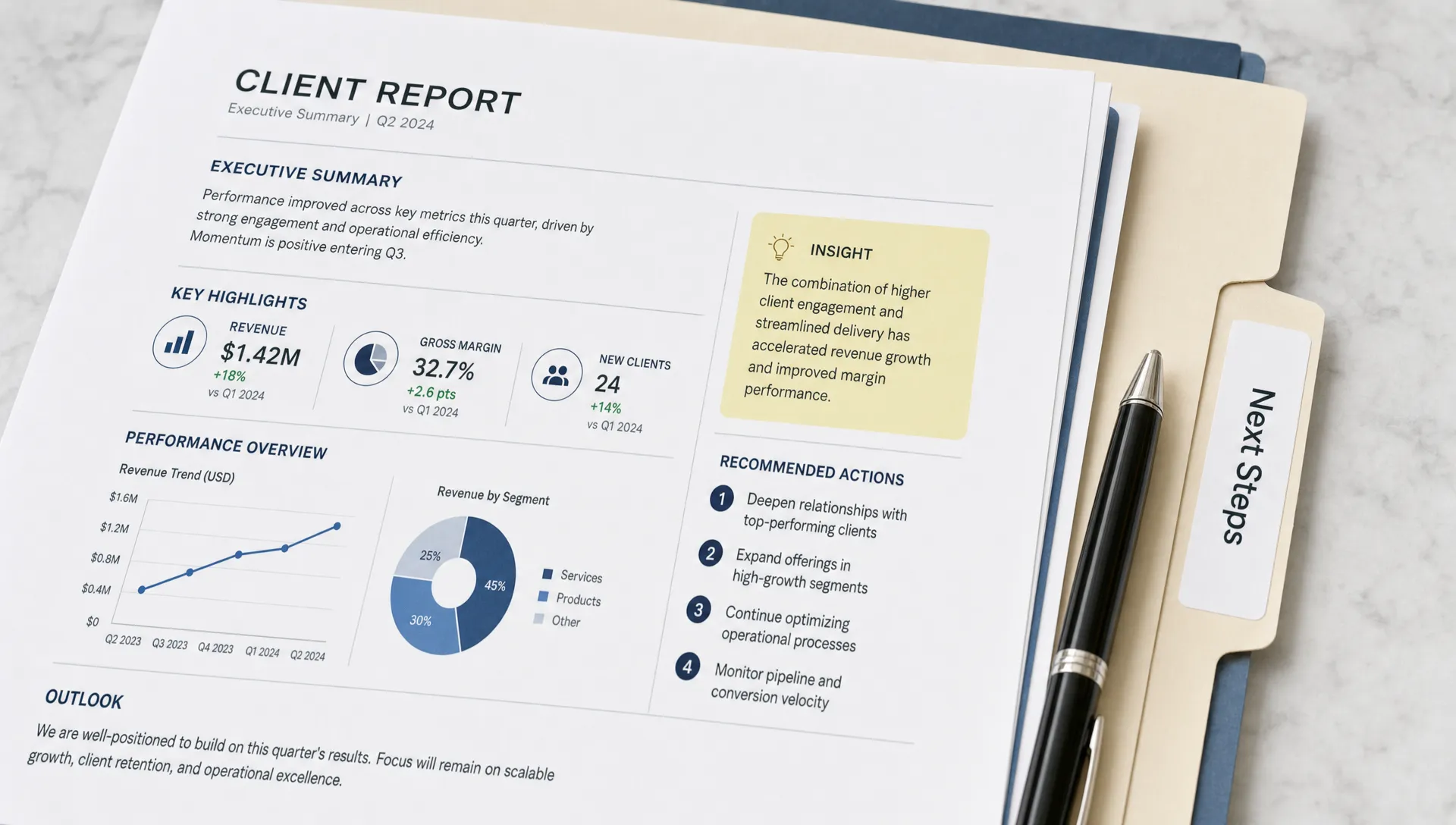 A close-up conceptual scene of a client report packet being prepared, with a concise summary page, a few simple charts, a highlighted insight note, and a short action list arranged on a clean surface beside a pen and a folder tab labeled "Next Steps." No people are present. The composition should feel like a decision-support report that turns data into action, not a generic office desk, with the papers as the single hero element.
