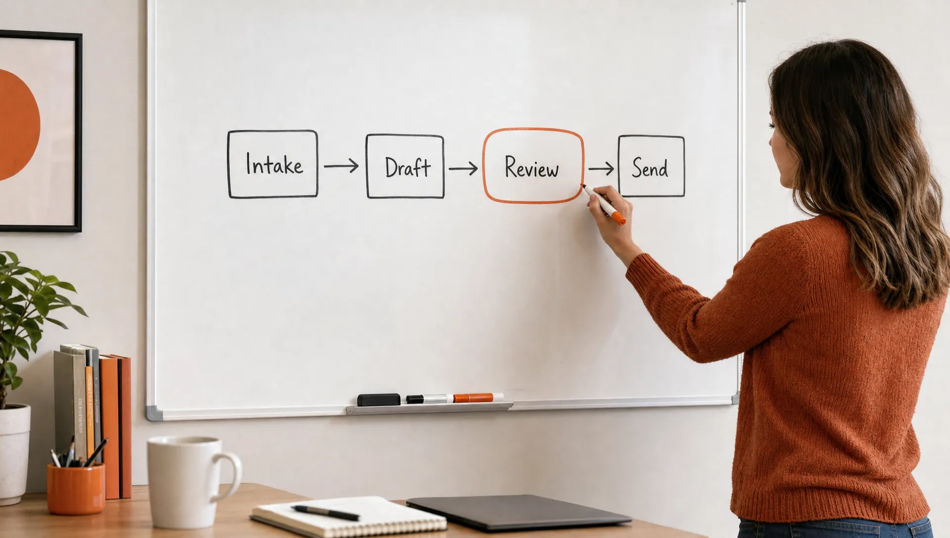 A simple workflow diagram shows intake, draft, review, and send as a handoff sequence, with one burnt orange marker on the review step.
