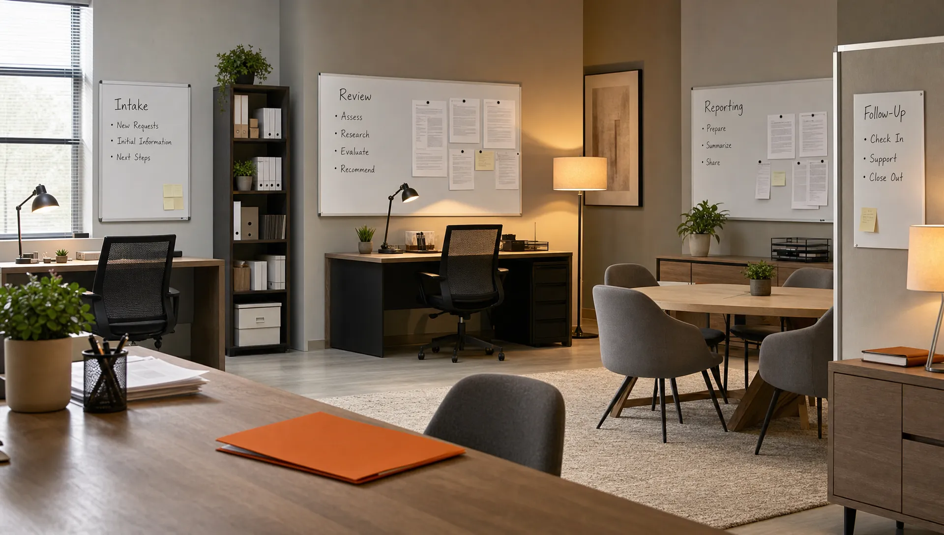 A quiet agency operations room shows the handoff points behind marketing with AI.