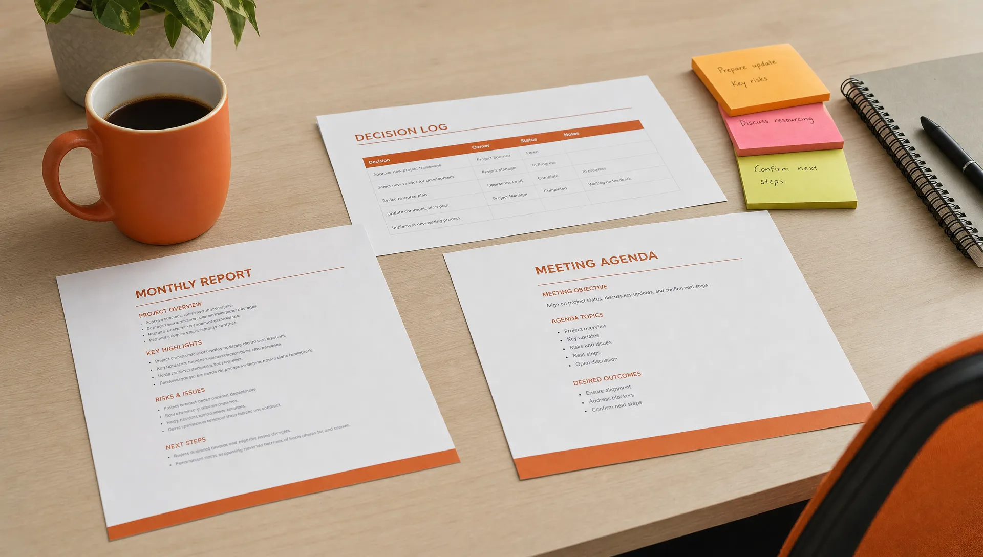 A printed monthly report, decision log, meeting agenda and a few sticky notes sit on a clean desk for a client status call.