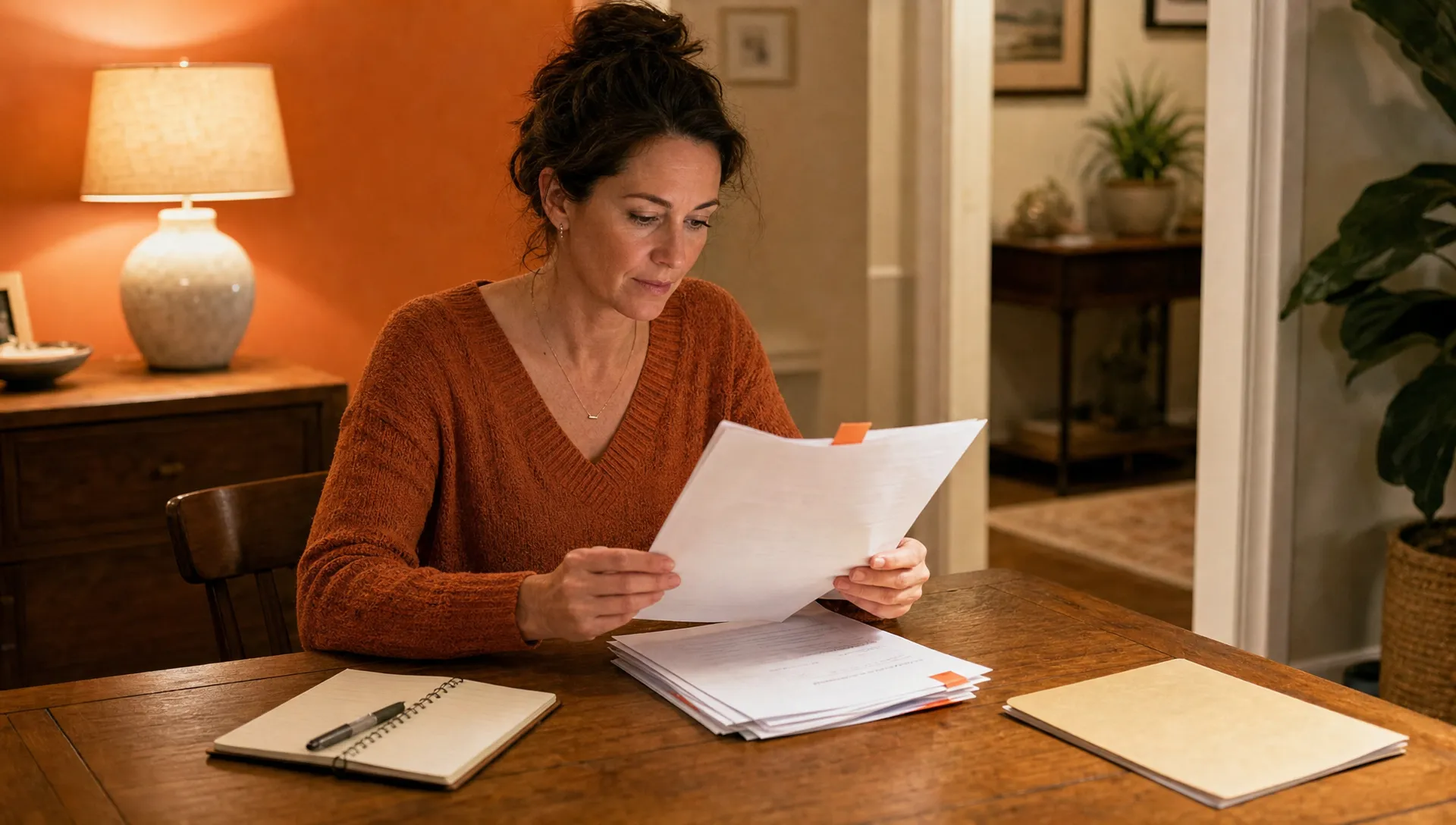 An agency owner sorts a product update packet at a home dining table after hours.