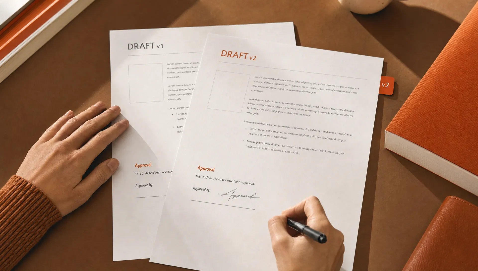 Two overlapping draft sheets show version-specific approval, with one burnt orange tab marking the newer sheet.