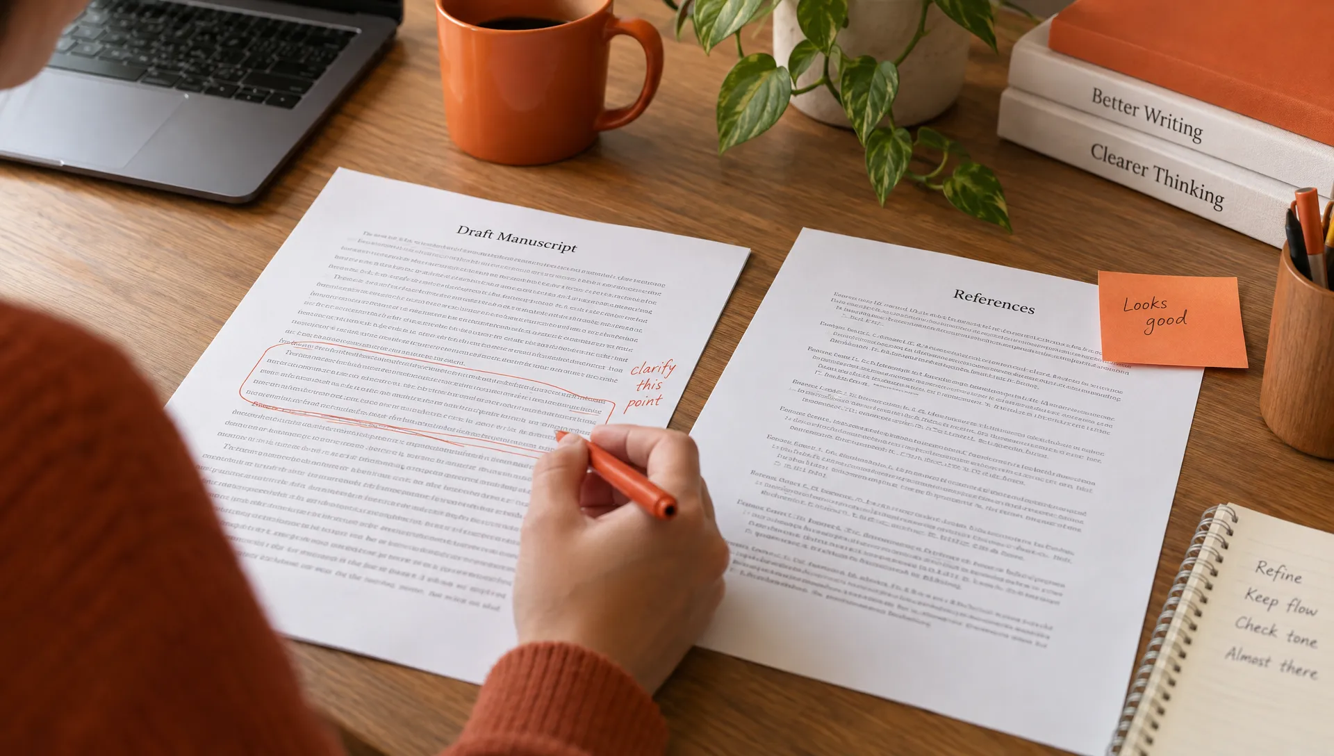 A marked manuscript paragraph sits beside an accepted reference page, showing a focused correction while the surrounding draft stays intact.