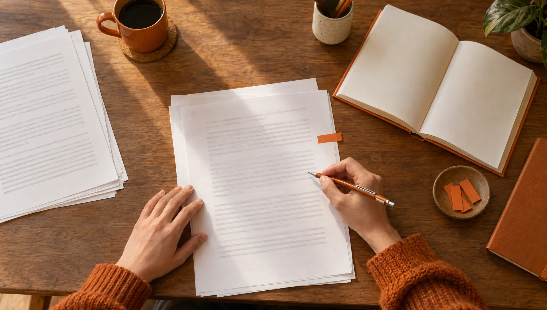 A writer makes a focused correction to a manuscript beside accepted content samples.