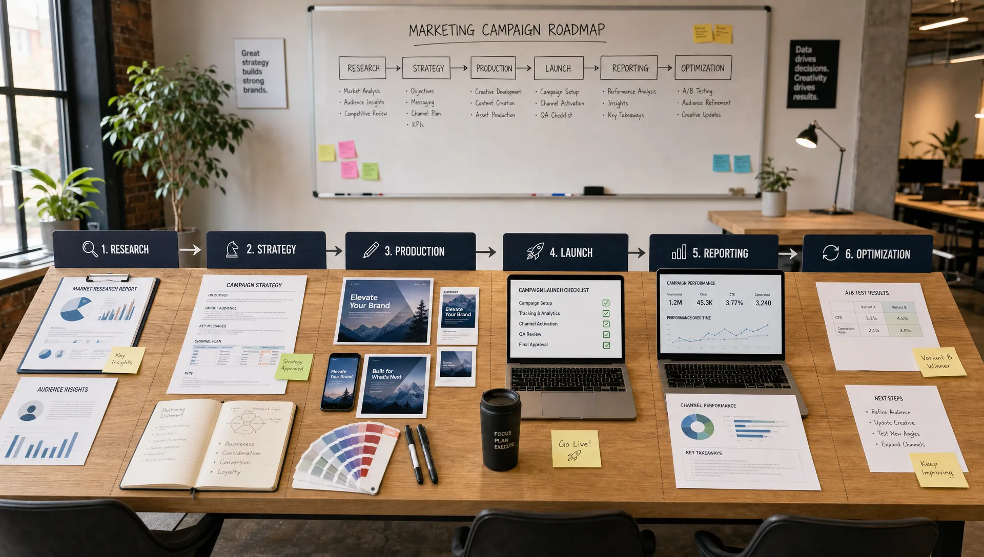 A marketing agency workflow shown across research, strategy, production, launch, reporting, and optimization stages, with documents, campaign assets, analytics charts, and handoff points arranged across a long table in a modern workspace.