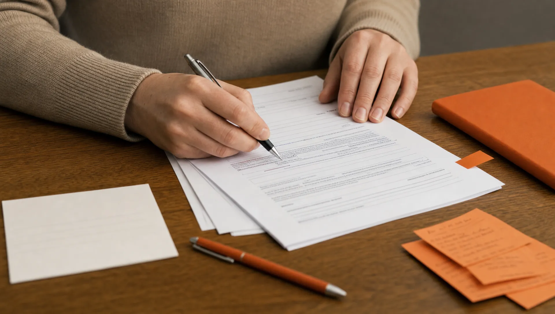 Hands correct an intake packet beside a follow-up card and source notes.