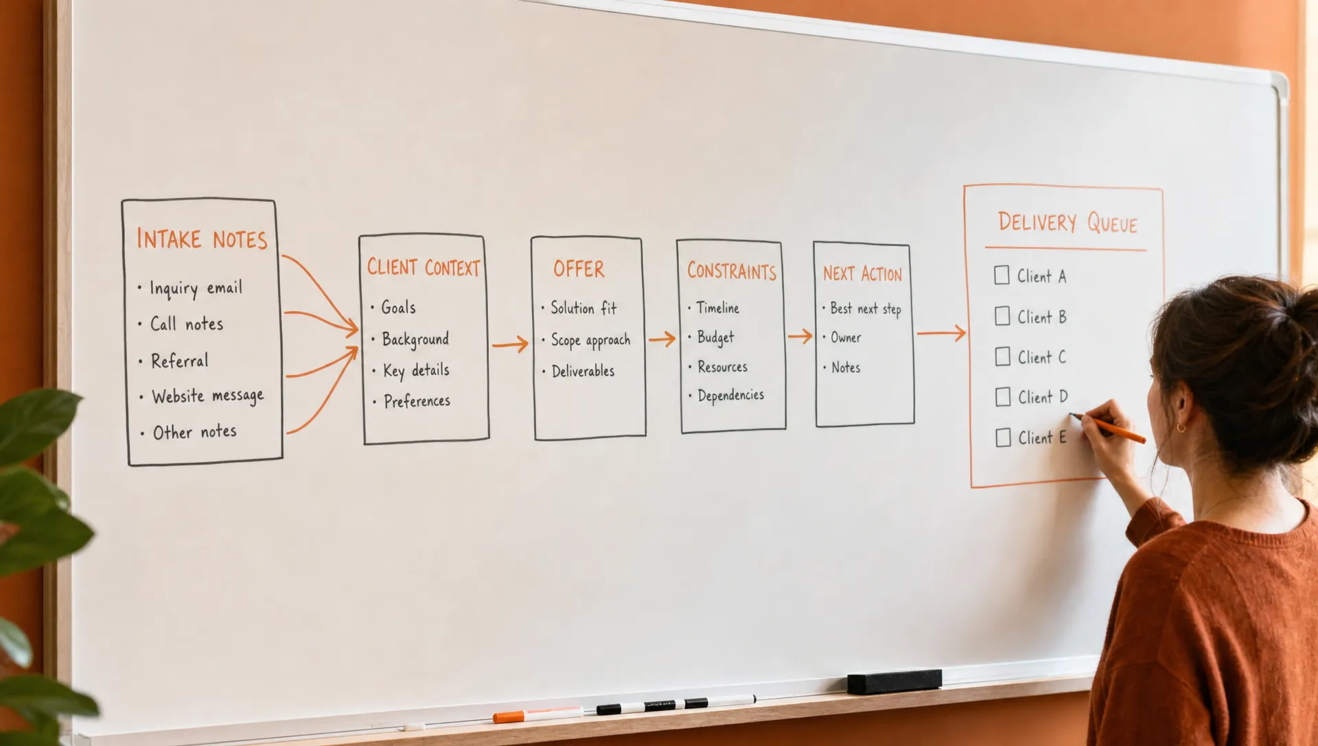 A simple workflow map showing intake notes narrowing into client context, offer, constraints and next action, then moving into a clean delivery queue.