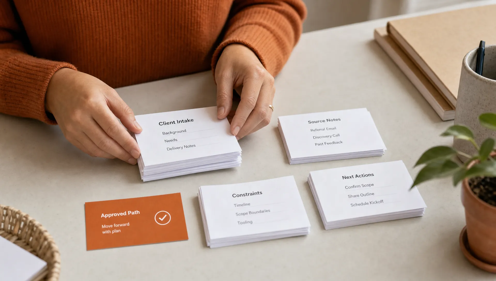 Hands sort intake notes into a brief stack with a burnt orange approved card on the table.